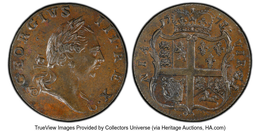 image for: 1773 1/2 P Virginia Halfpenny, No Period, N. 5-Z, W-1600, R.4, MS62 Brown PCGS....