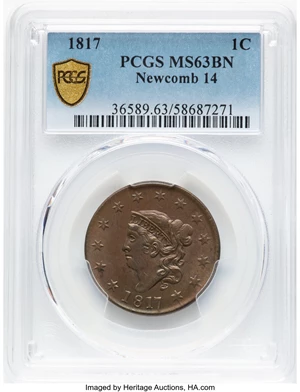 image for: 1817 1C 13 Stars, N-14, R.1, MS63 Brown PCGS. PCGS Population: (9/2 and 0/0+). Mintage 3,948,400....