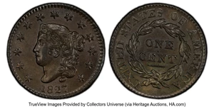 image for: 1827 1C N-11, R.1, MS63 Brown PCGS. PCGS Population: (6/6 and 0/0+). Mintage 2,357,732....