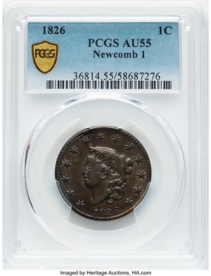 image for: 1826 1C N-1, R.2, AU55 PCGS. PCGS Population: (2/10 and 0/1+). Mintage 1,517,425....
