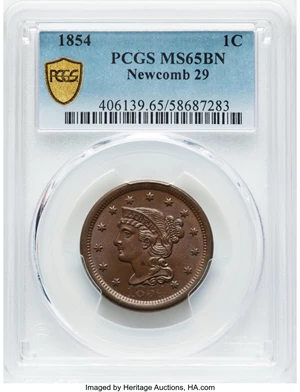 image for: 1854 1C N-29, R.3, MS65 Brown PCGS. PCGS Population: (2/1 and 0/0+). Mintage 4,236,156....