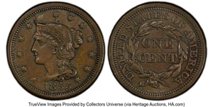 image for: 1855 1C Slanted 55, N-10, R.1, MS63 Brown PCGS. PCGS Population: (4/13)....