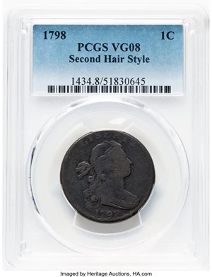 image for: 1798 1C Second Hair Style, S-185, B-46, R.2, VG8 PCGS....