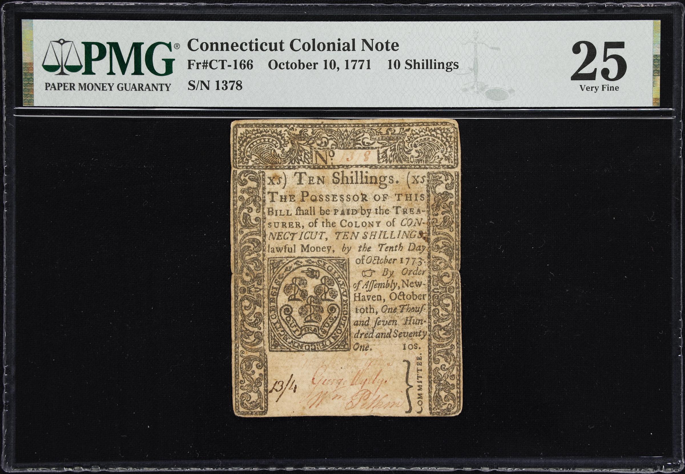 image for: CT-166. Connecticut. October 10, 1771. 10 Shillings. PMG Very Fine 25.