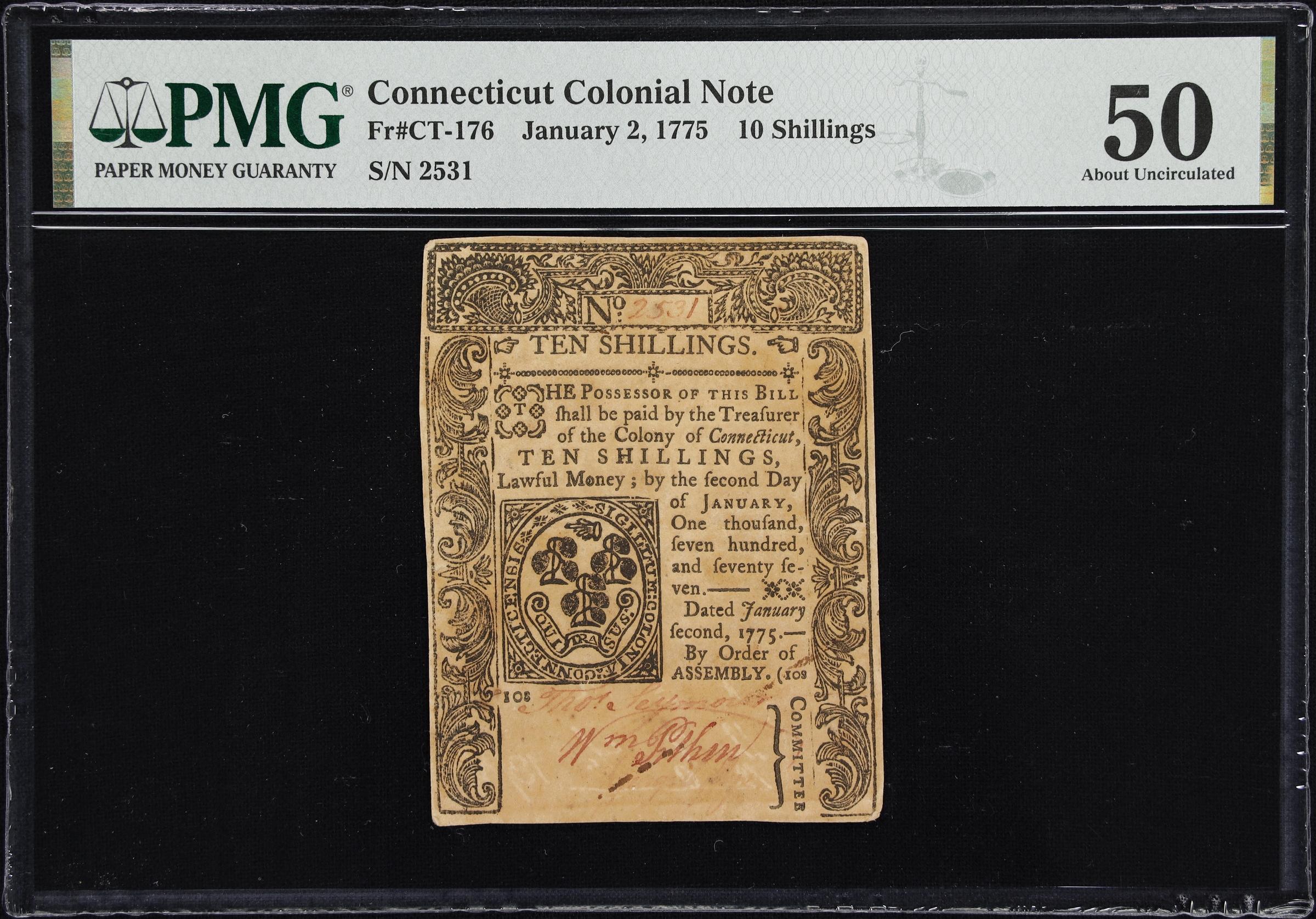 image for: CT-176. Connecticut. January 2, 1775. 10 Shillings. PMG About Uncirculated 50.
