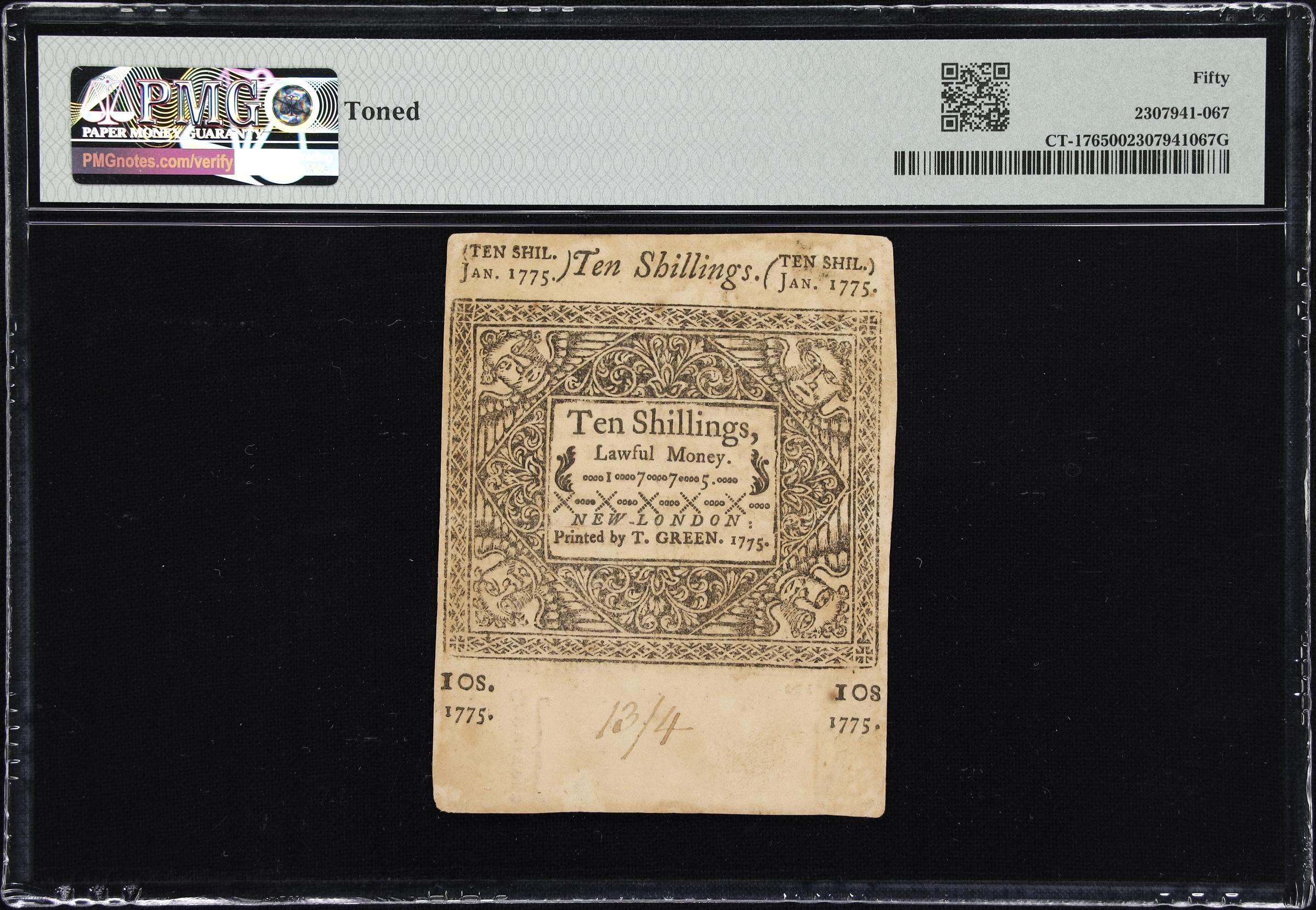 image for: CT-176. Connecticut. January 2, 1775. 10 Shillings. PMG About Uncirculated 50.