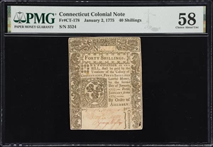 image for: CT-178. Connecticut. January 2, 1775. 40 Shillings. PMG Choice About Uncirculated 58.