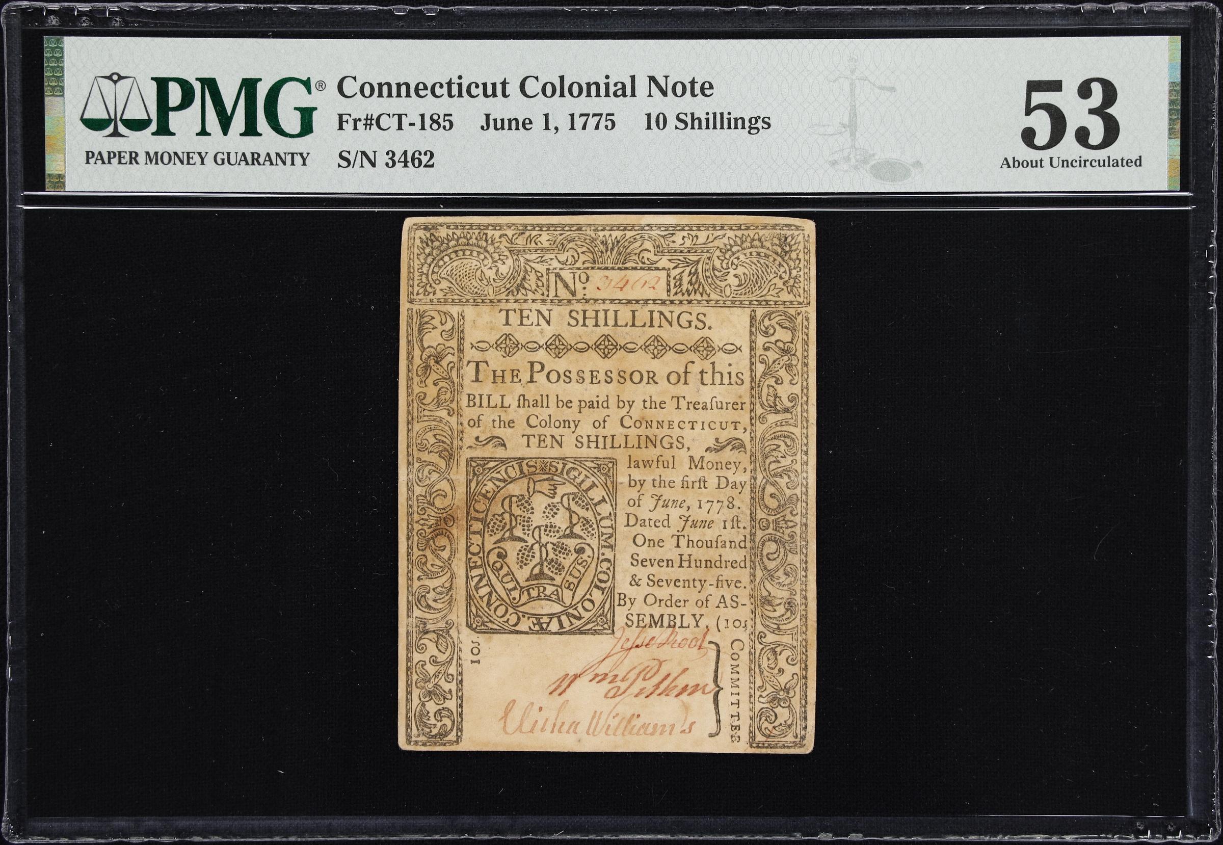 image for: CT-185. Connecticut. June 1, 1775. 10 Shillings. PMG About Uncirculated 53.