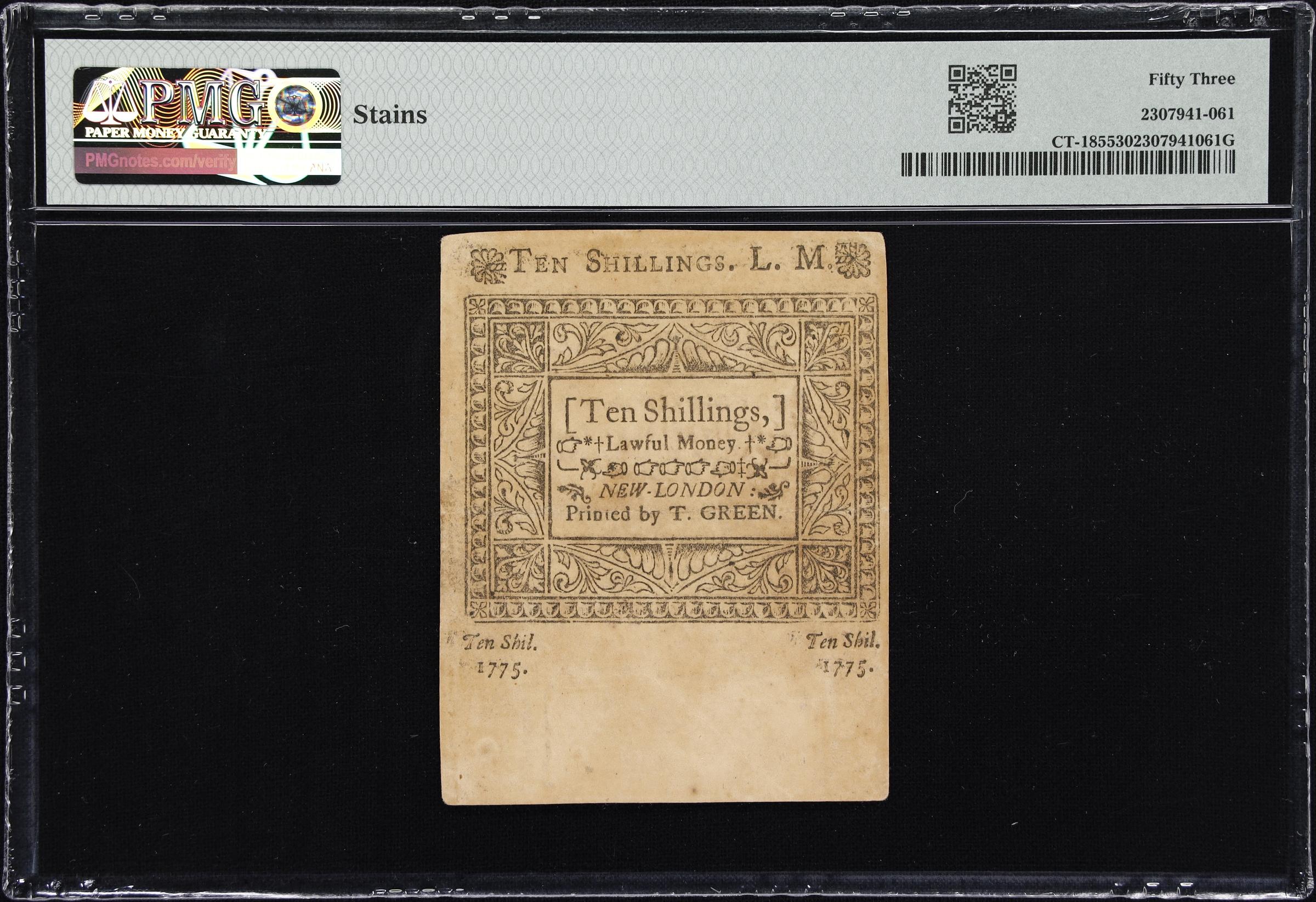 image for: CT-185. Connecticut. June 1, 1775. 10 Shillings. PMG About Uncirculated 53.