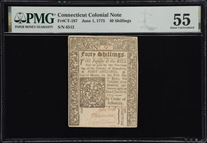 image for: CT-187. Connecticut. June 1, 1775. 40 Shillings. PMG About Uncirculated 55.