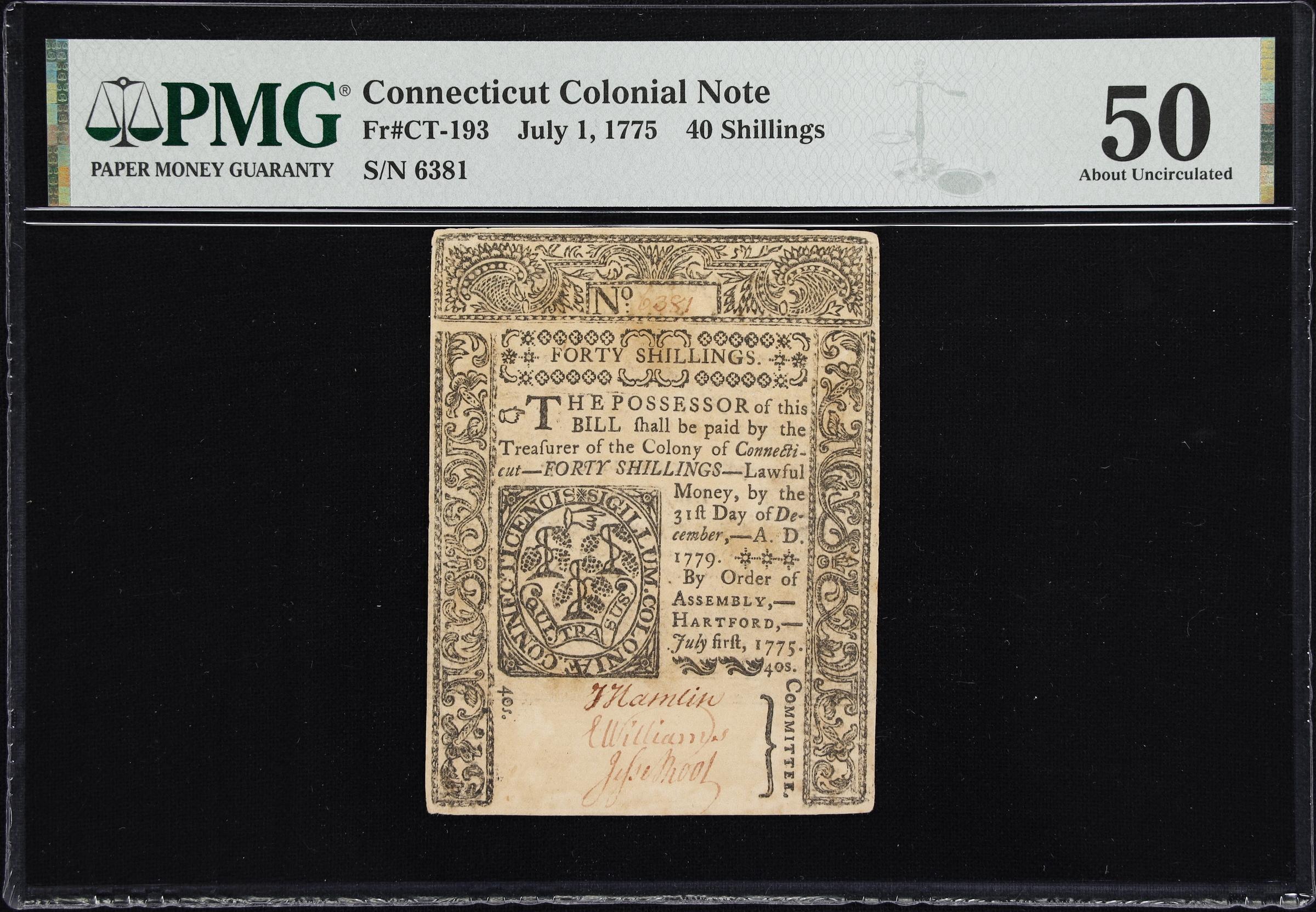image for: CT-193. Connecticut. July 1, 1775. 40 Shillings. PMG About Uncirculated 50.