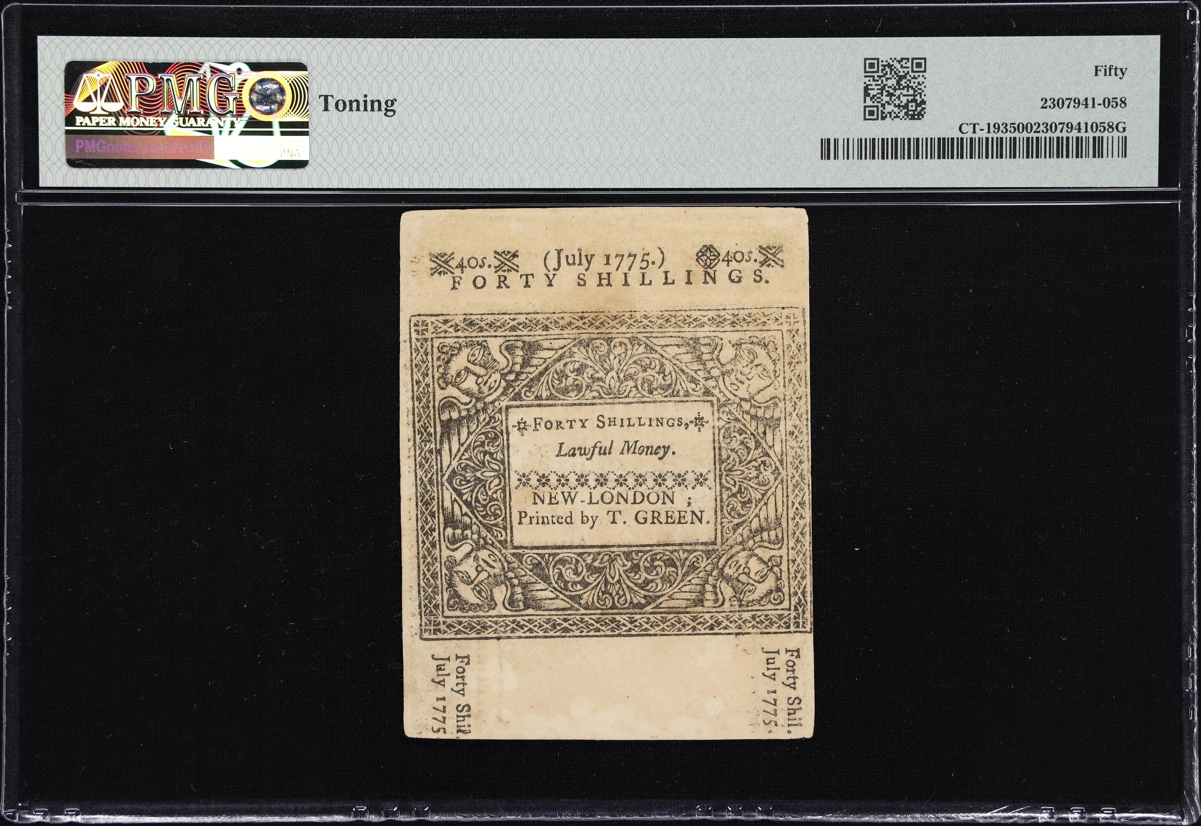 image for: CT-193. Connecticut. July 1, 1775. 40 Shillings. PMG About Uncirculated 50.