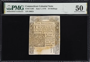image for: CT-201. Connecticut. June 7, 1776. 10 Shillings. PMG About Uncirculated 50.
