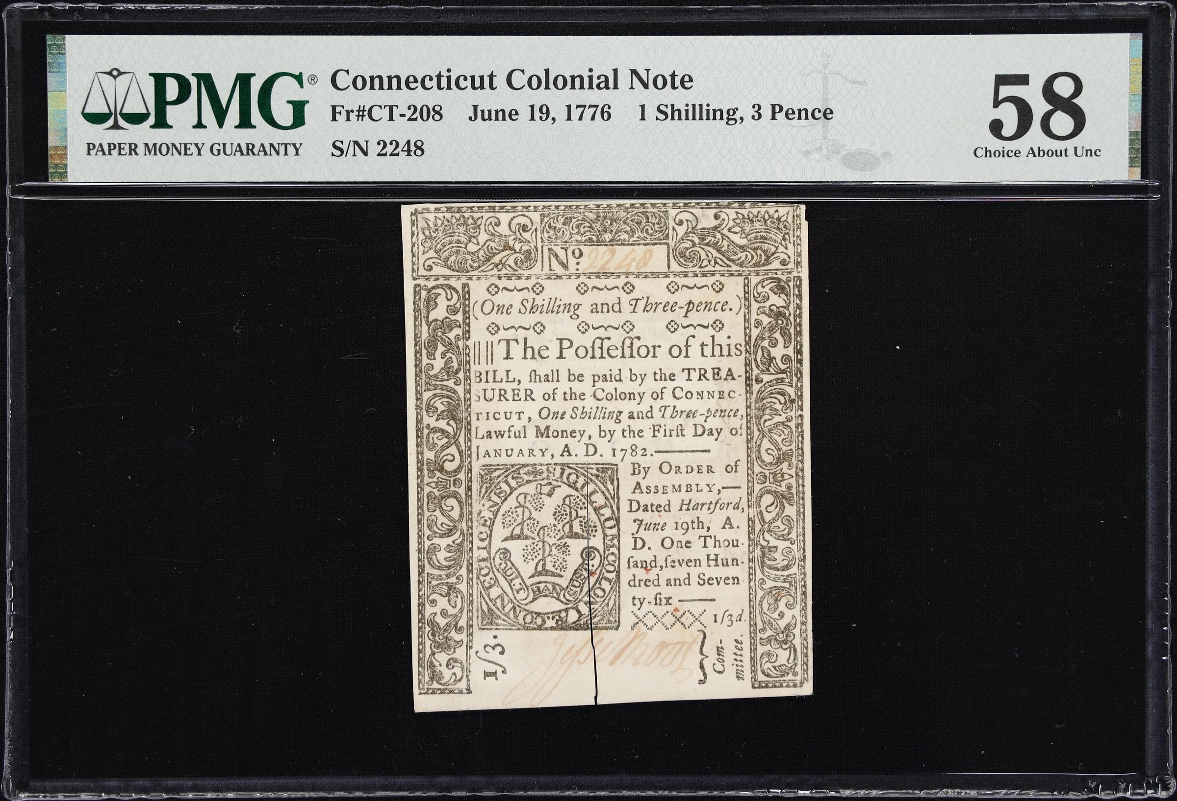 image for: CT-208. Connecticut. June 19, 1776. 1 Shilling, 3 Pence. PMG Choice About Uncirculated 58.