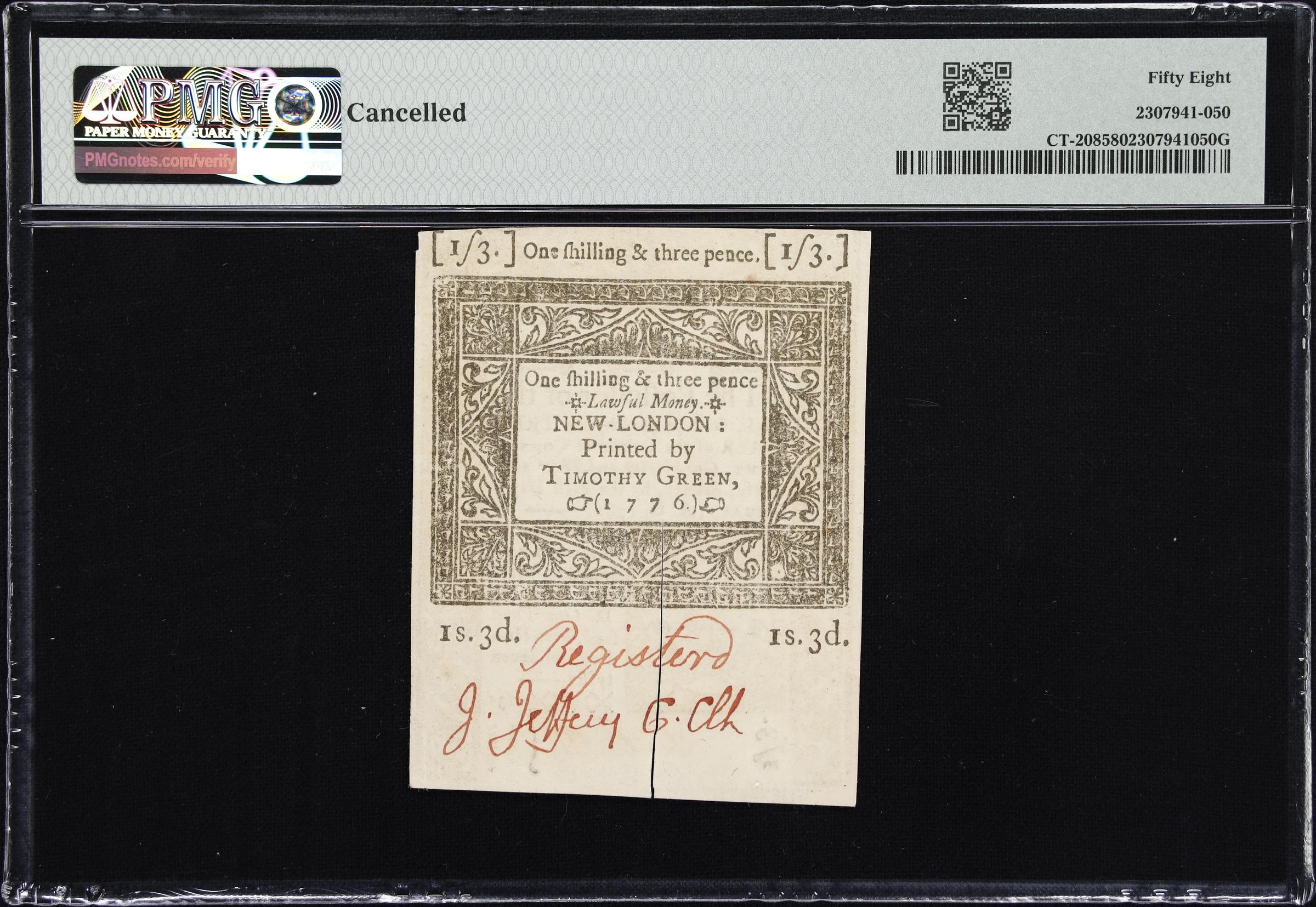 image for: CT-208. Connecticut. June 19, 1776. 1 Shilling, 3 Pence. PMG Choice About Uncirculated 58.