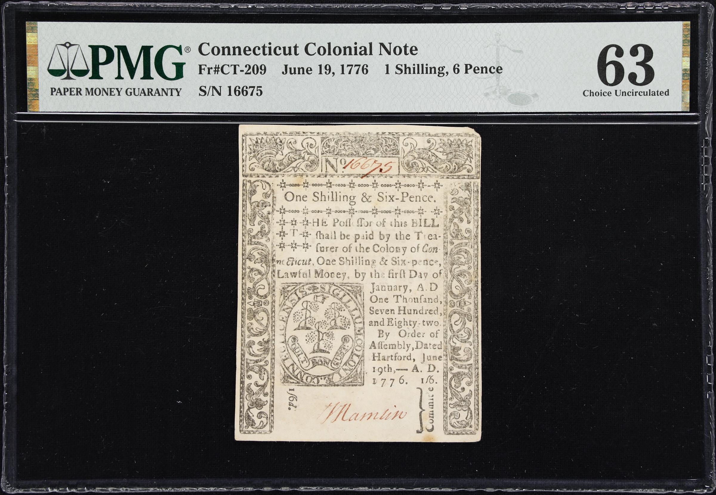 image for: CT-209. Connecticut. June 19, 1776. 1 Shilling, 6 Pence. PMG Choice Uncirculated 63.