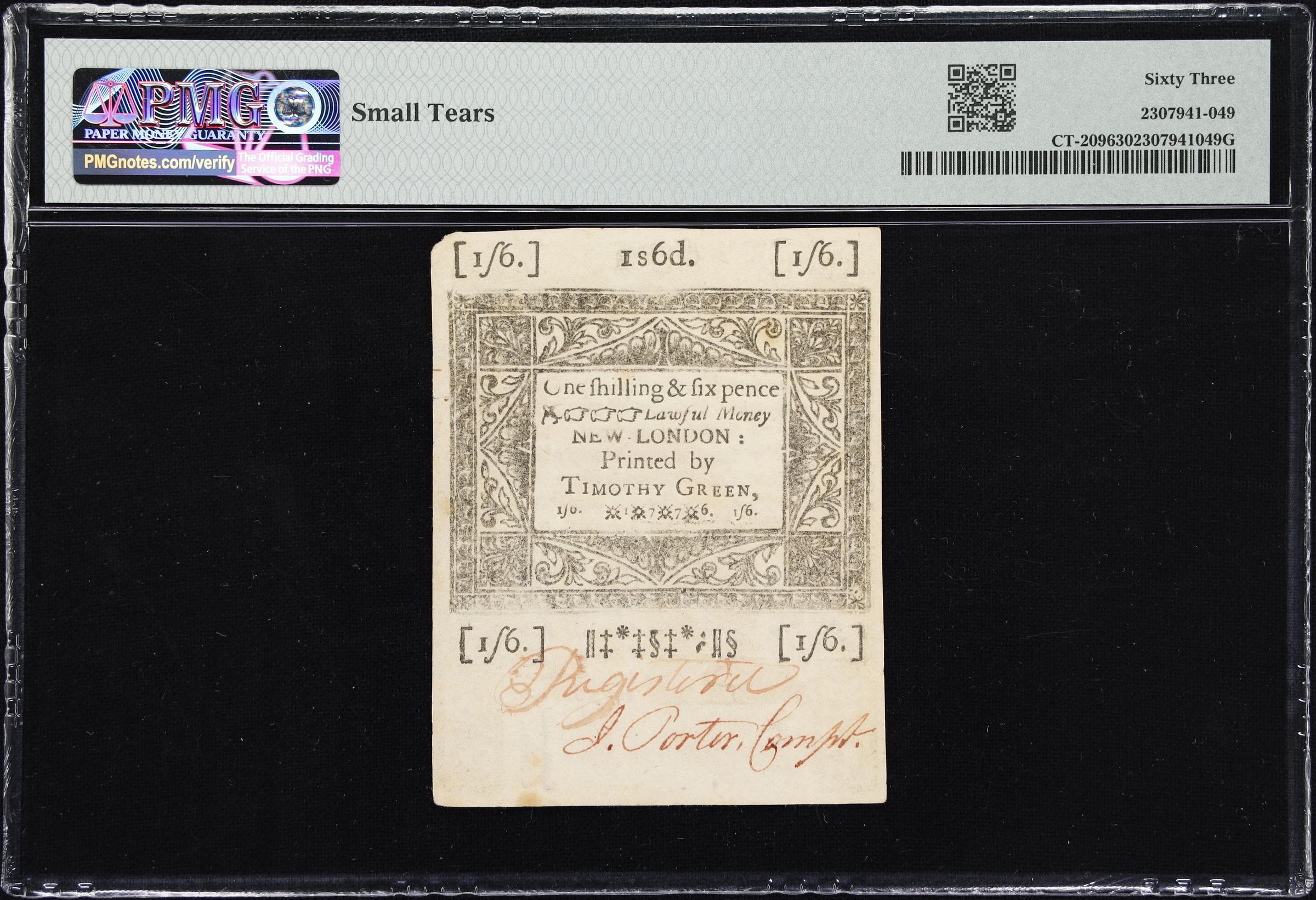 image for: CT-209. Connecticut. June 19, 1776. 1 Shilling, 6 Pence. PMG Choice Uncirculated 63.