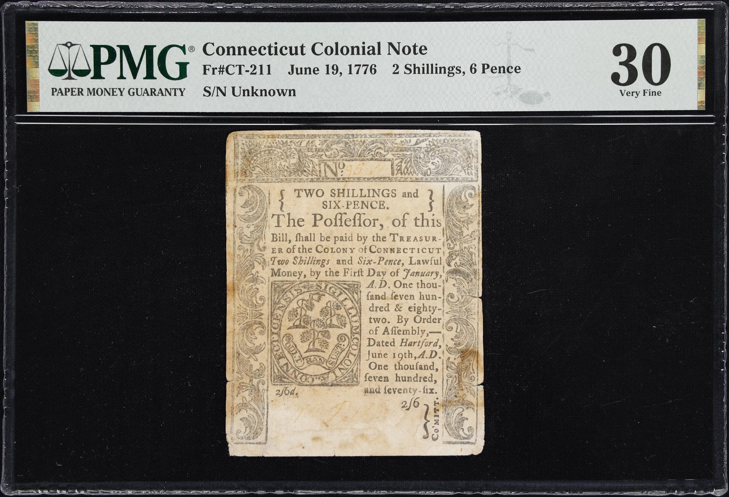 image for: CT-211. Connecticut. June 19, 1776. 2 Shillings, 6 Pence. PMG Very Fine 30.