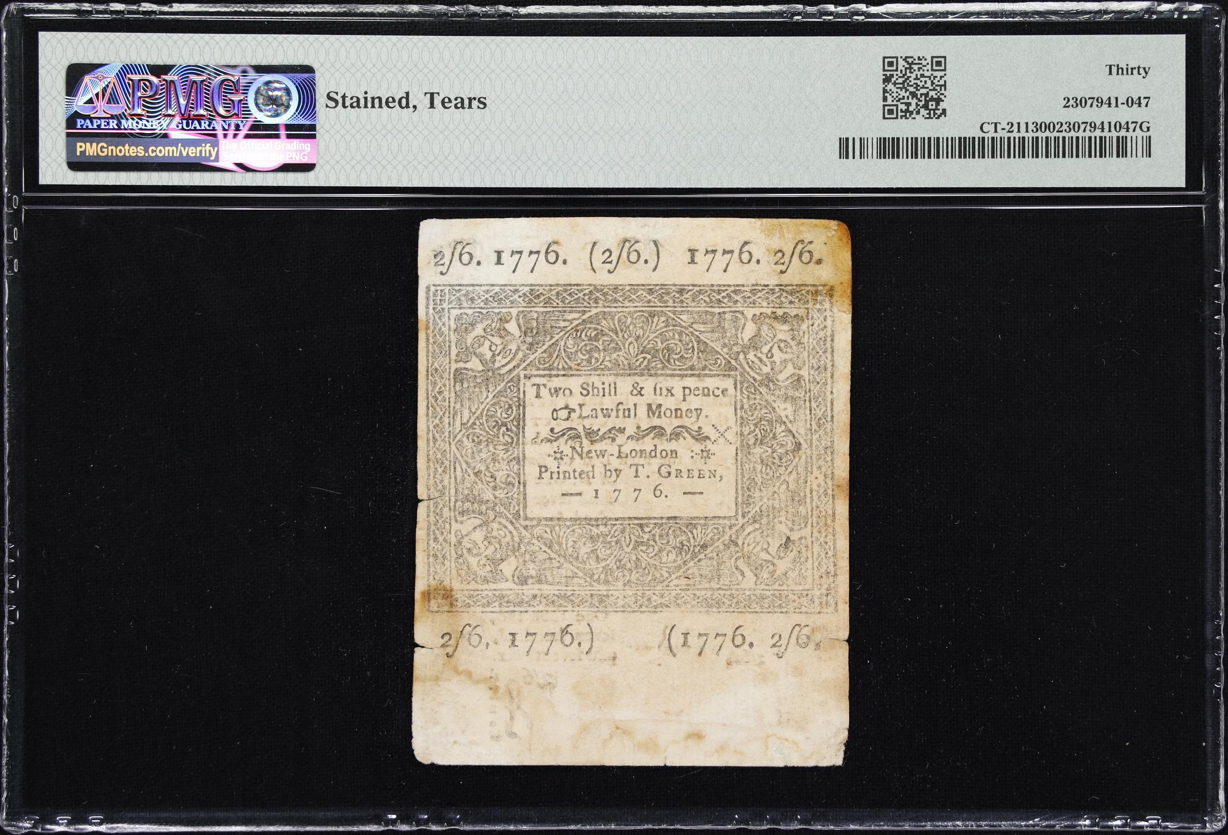 image for: CT-211. Connecticut. June 19, 1776. 2 Shillings, 6 Pence. PMG Very Fine 30.