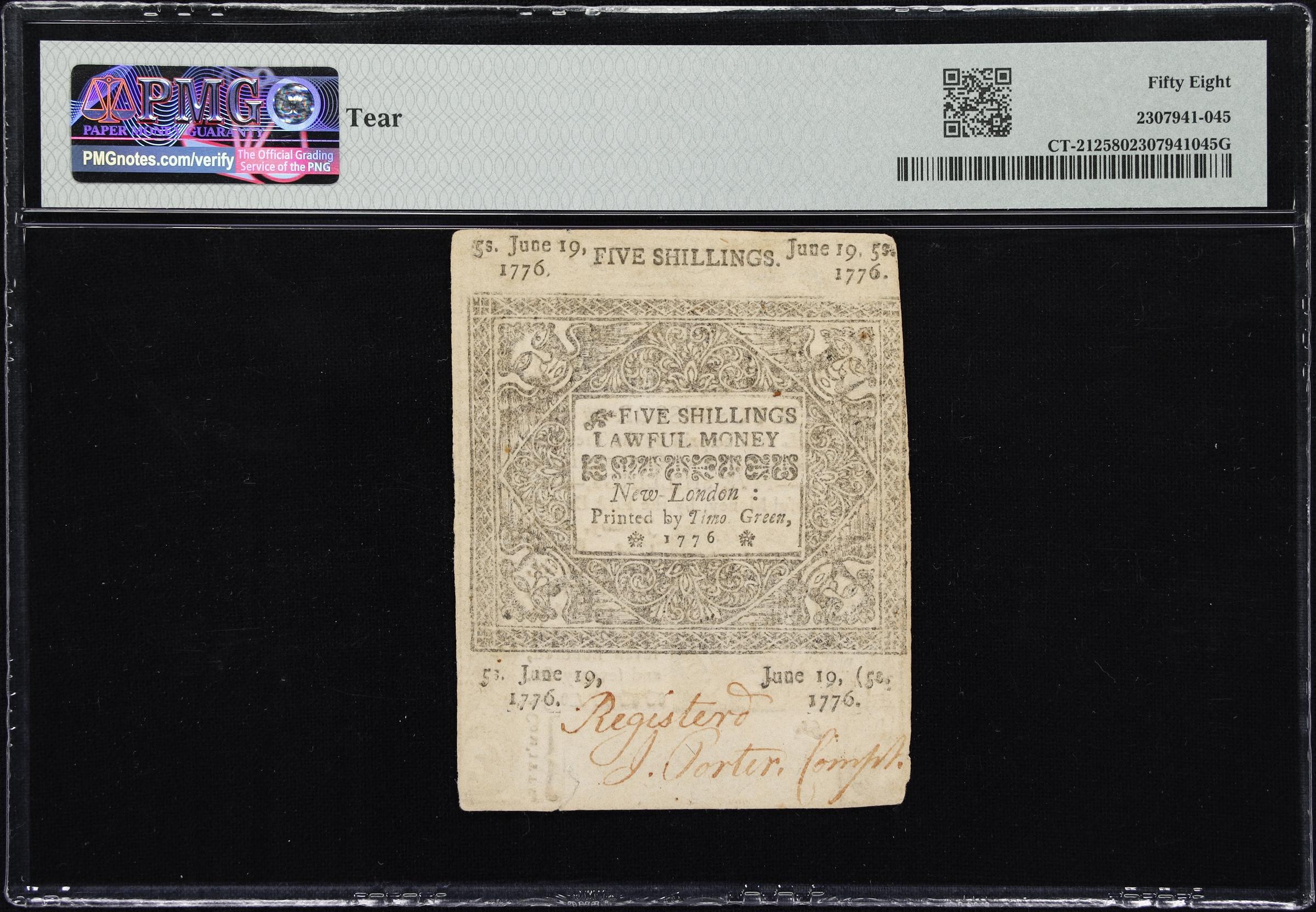 image for: CT-212. Connecticut. June 19, 1776. 5 Shillings. PMG Choice About Uncirculated 58.