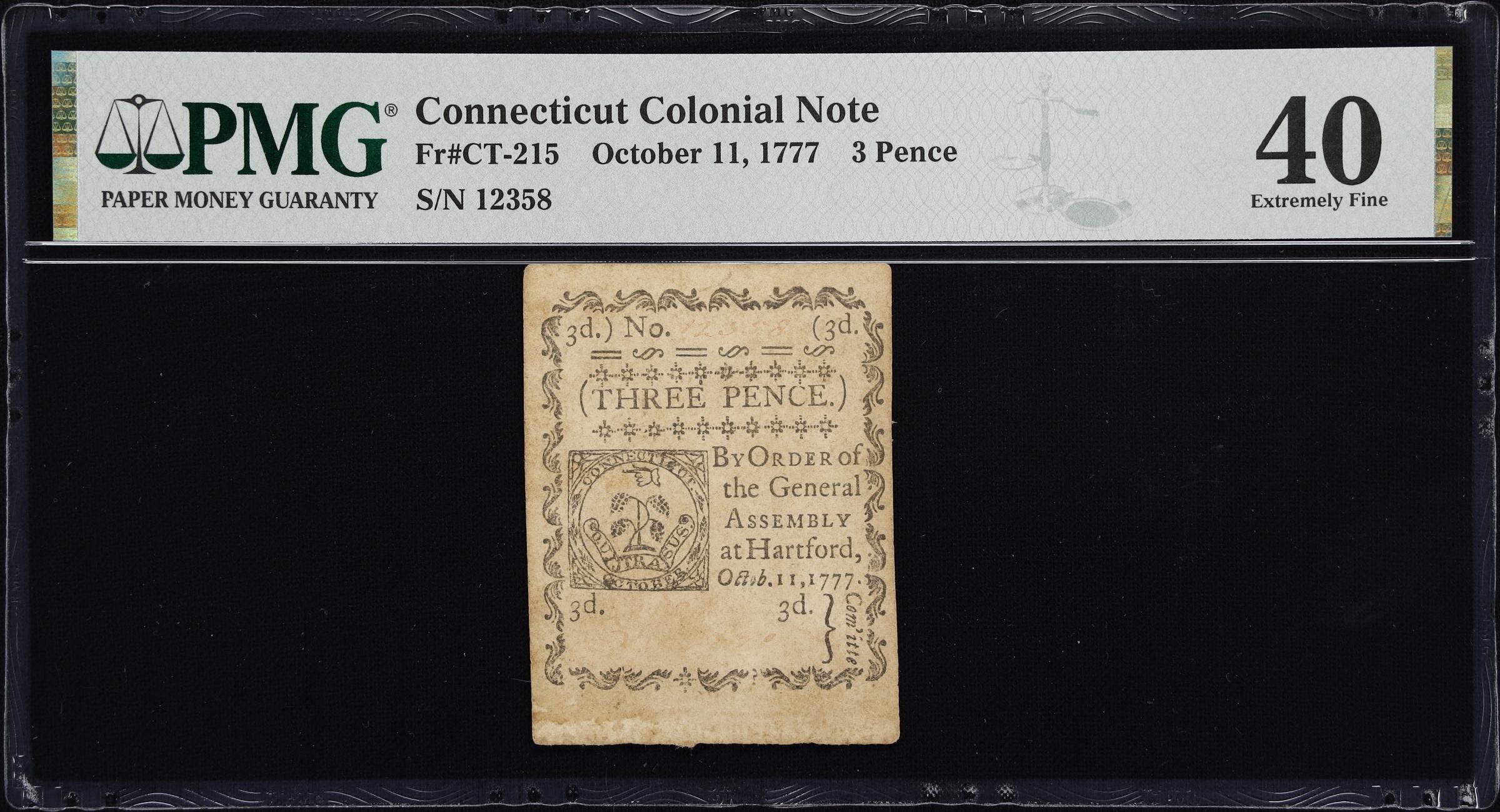 image for: CT-215. Connecticut. October 11, 1777. 3 Pence. PMG Extremely Fine 40.