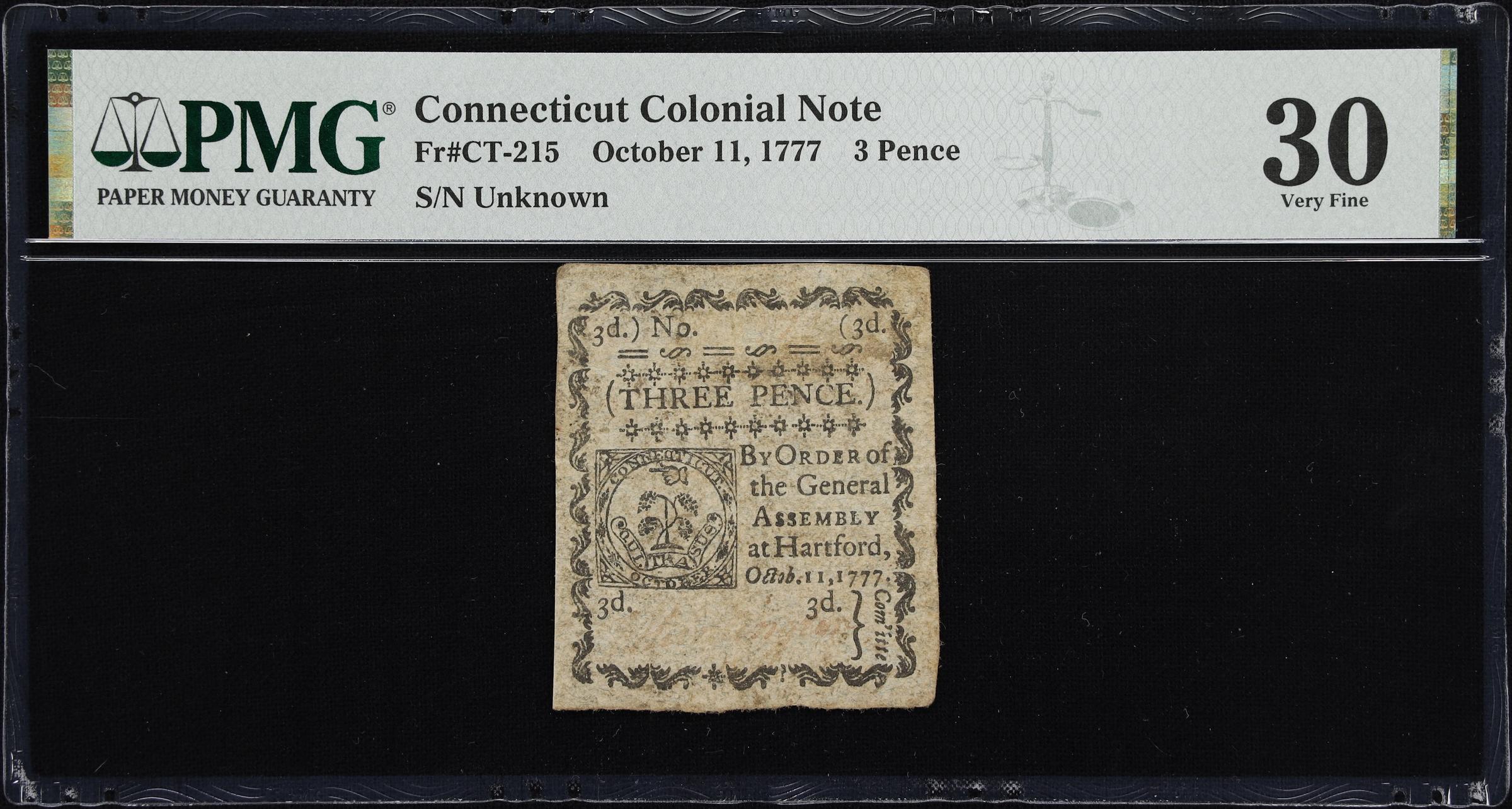 image for: CT-215. Connecticut. October 11, 1777. 3 Pence. PMG Very Fine 30.
