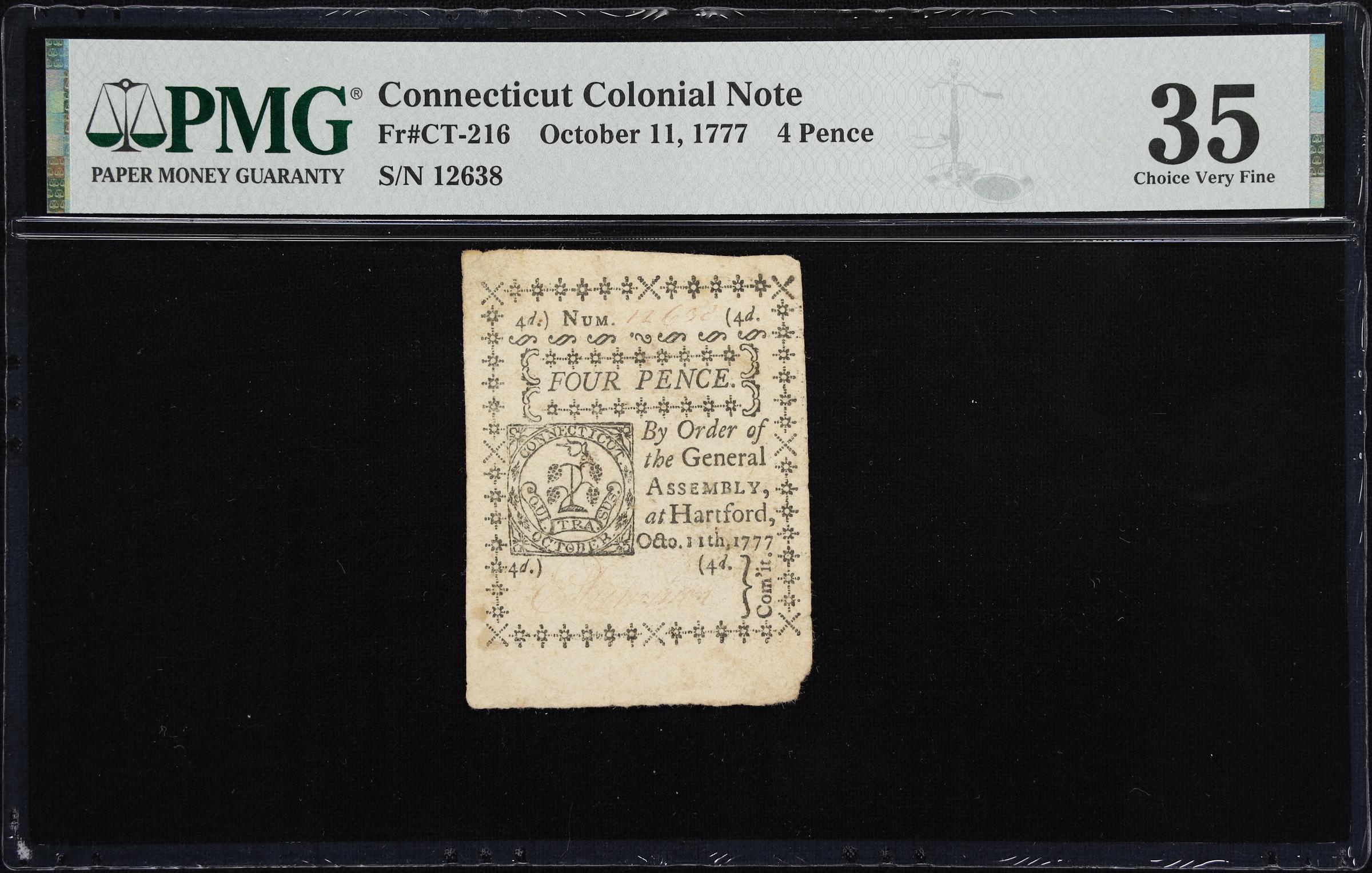 image for: CT-216. Connecticut. October 11, 1777. 4 Pence. PMG Choice Very Fine 35.