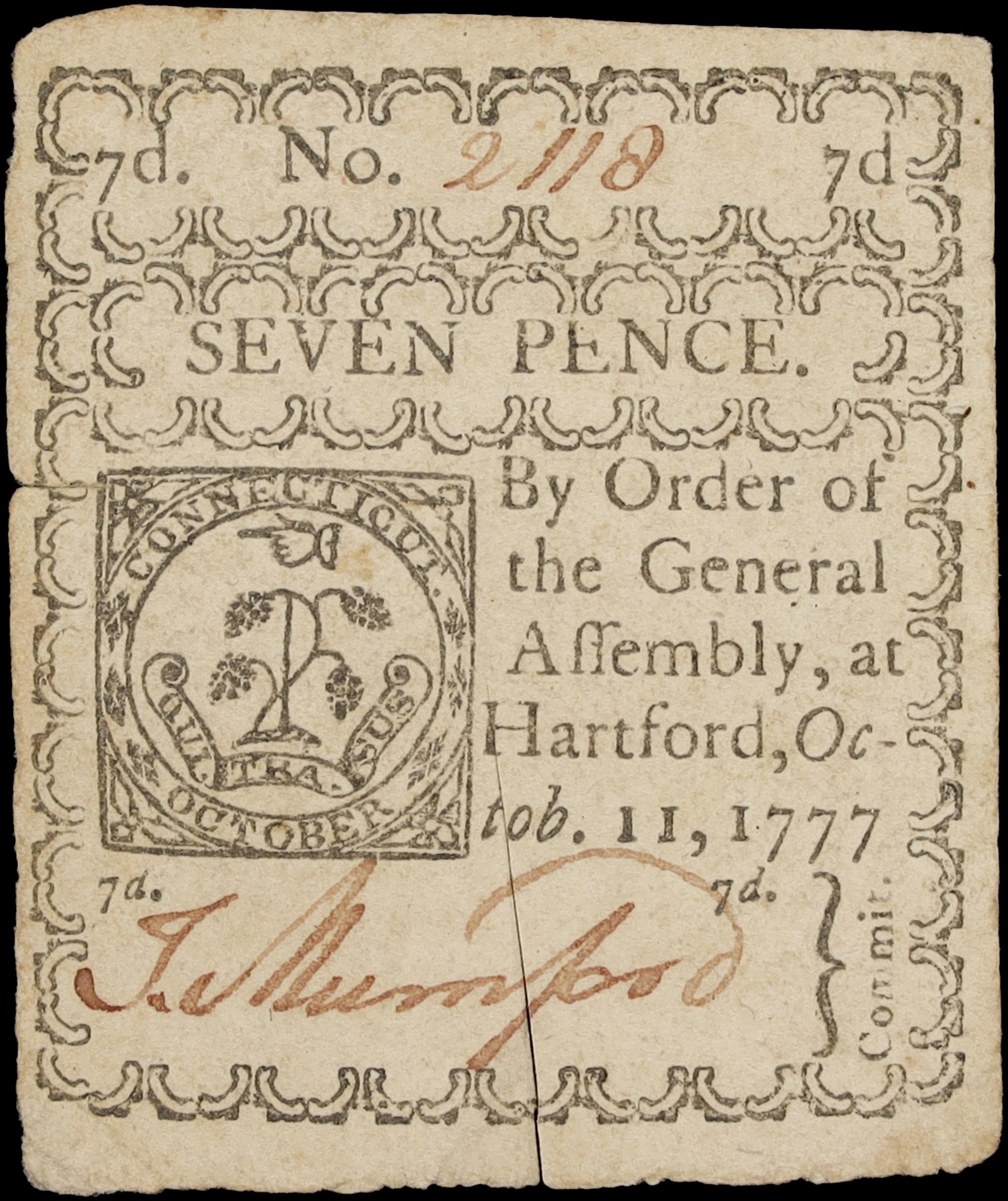 image for: CT-218. Connecticut. October 11, 1777. 7 Pence. Extremely Fine.