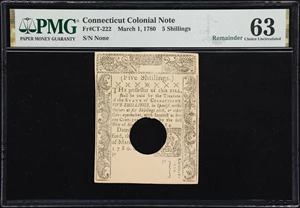 image for: CT-222. Connecticut. March 1, 1780. 5 Shillings. PMG Choice Uncirculated 63. Remainder.
