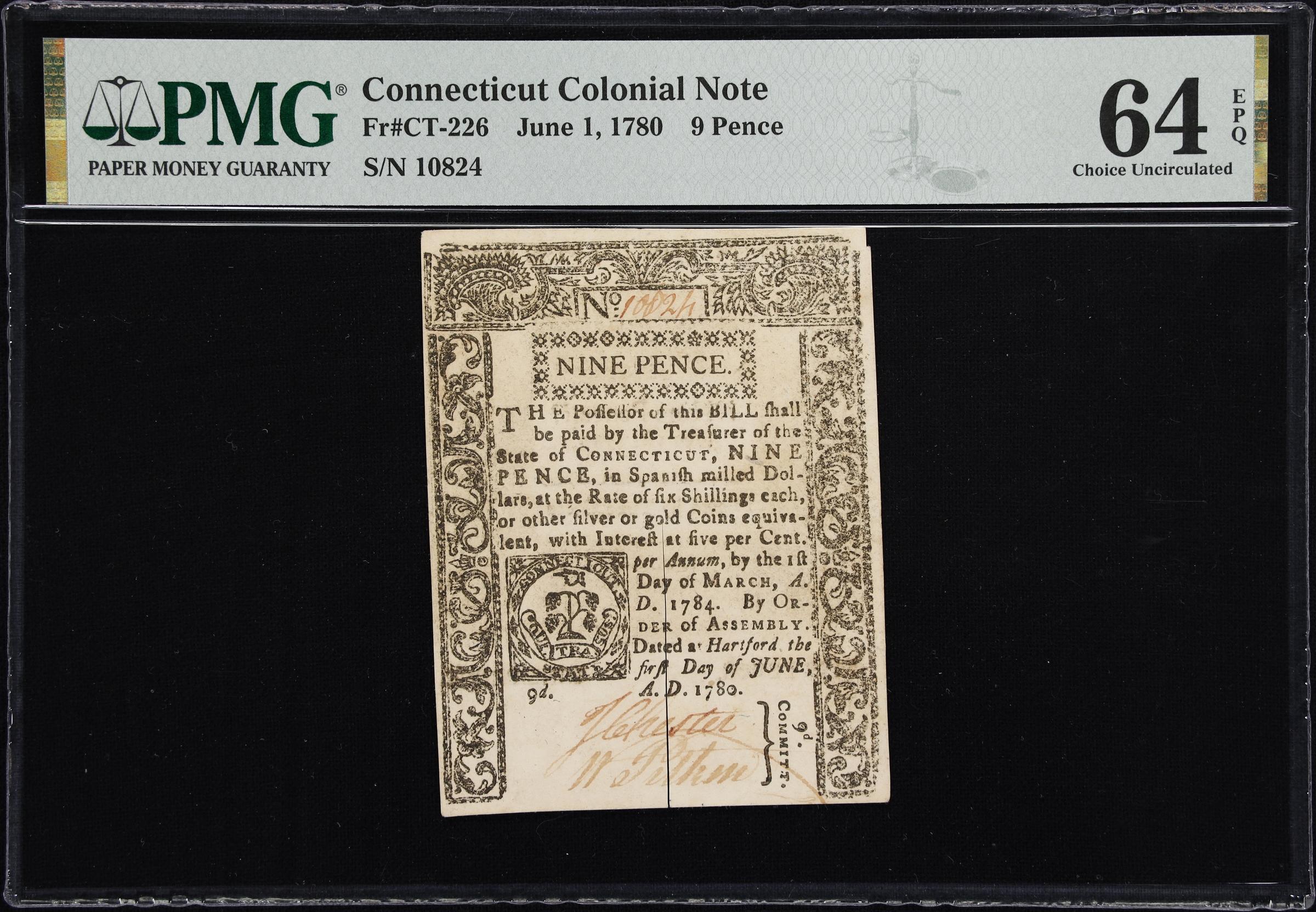 image for: CT-226. Connecticut. June 1, 1780. 9 Pence. PMG Choice Uncirculated 64 EPQ.