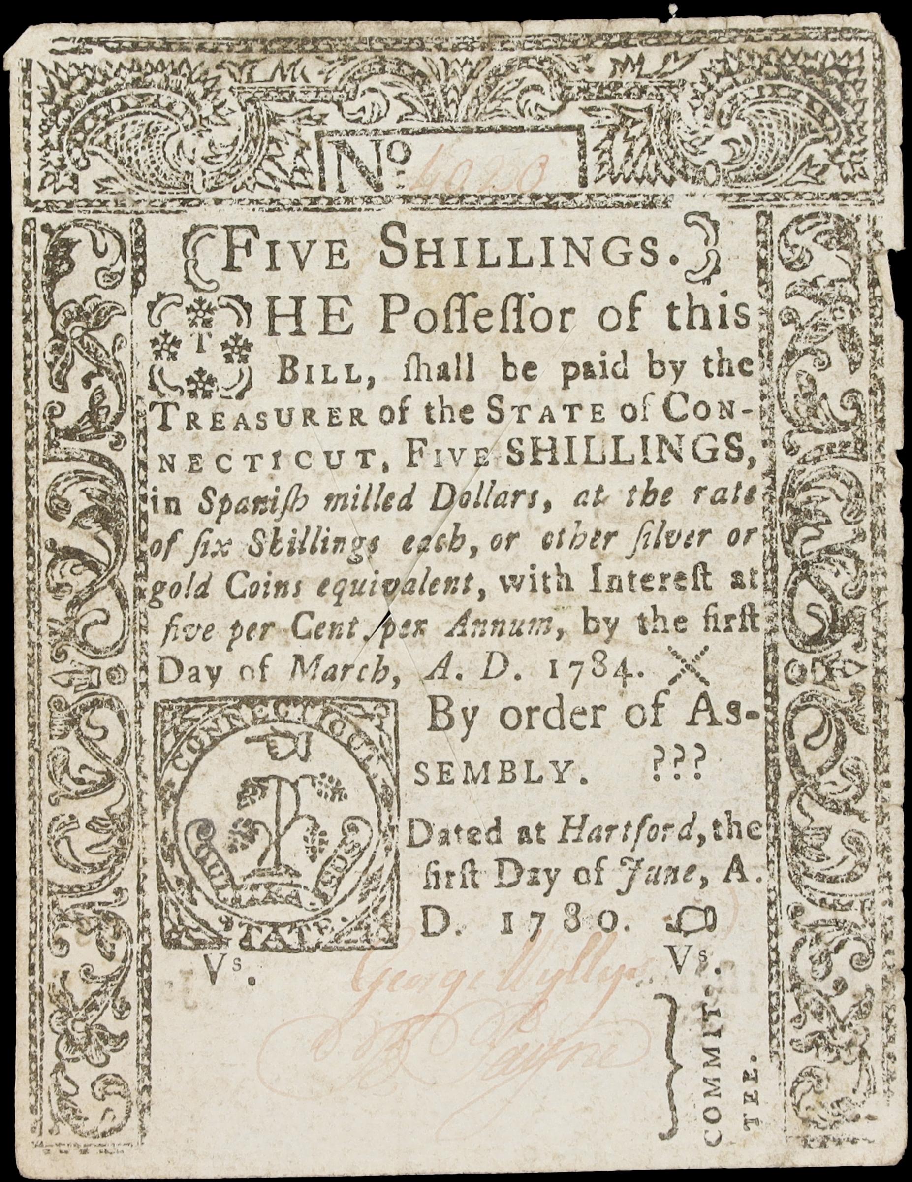 image for: CT-229. Connecticut. June 1, 1780. 5 Shillings. Extremely Fine.