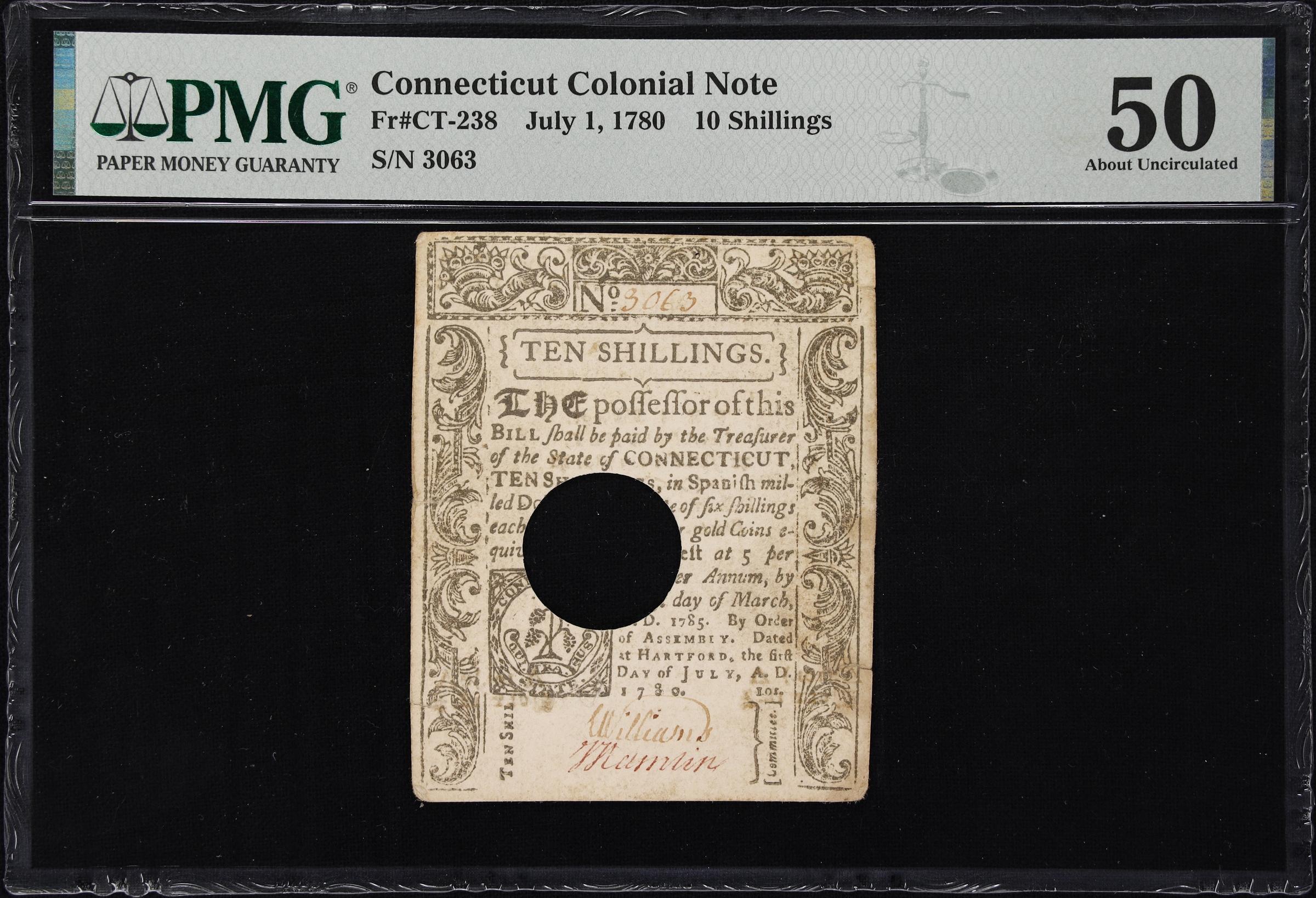 image for: CT-238. Connecticut. July 1, 1780. 10 Shillings. PMG About Uncirculated 50.