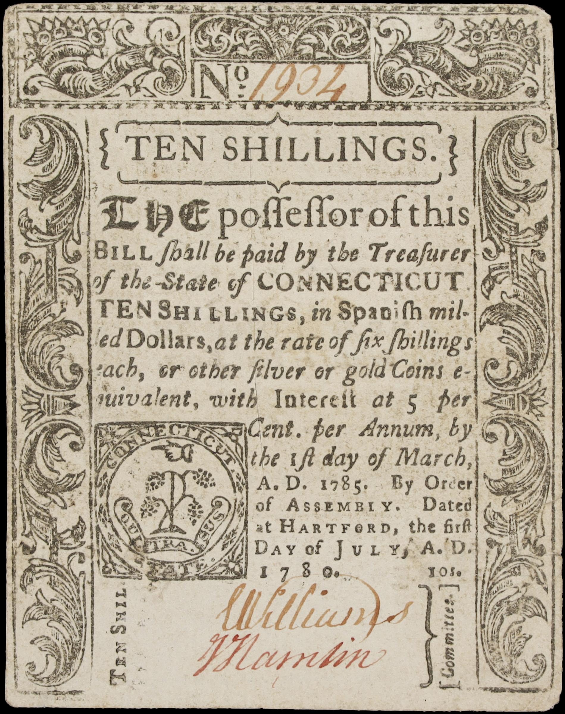 image for: CT-238. Connecticut. July 1, 1780. 10 Shillings. About Uncirculated.