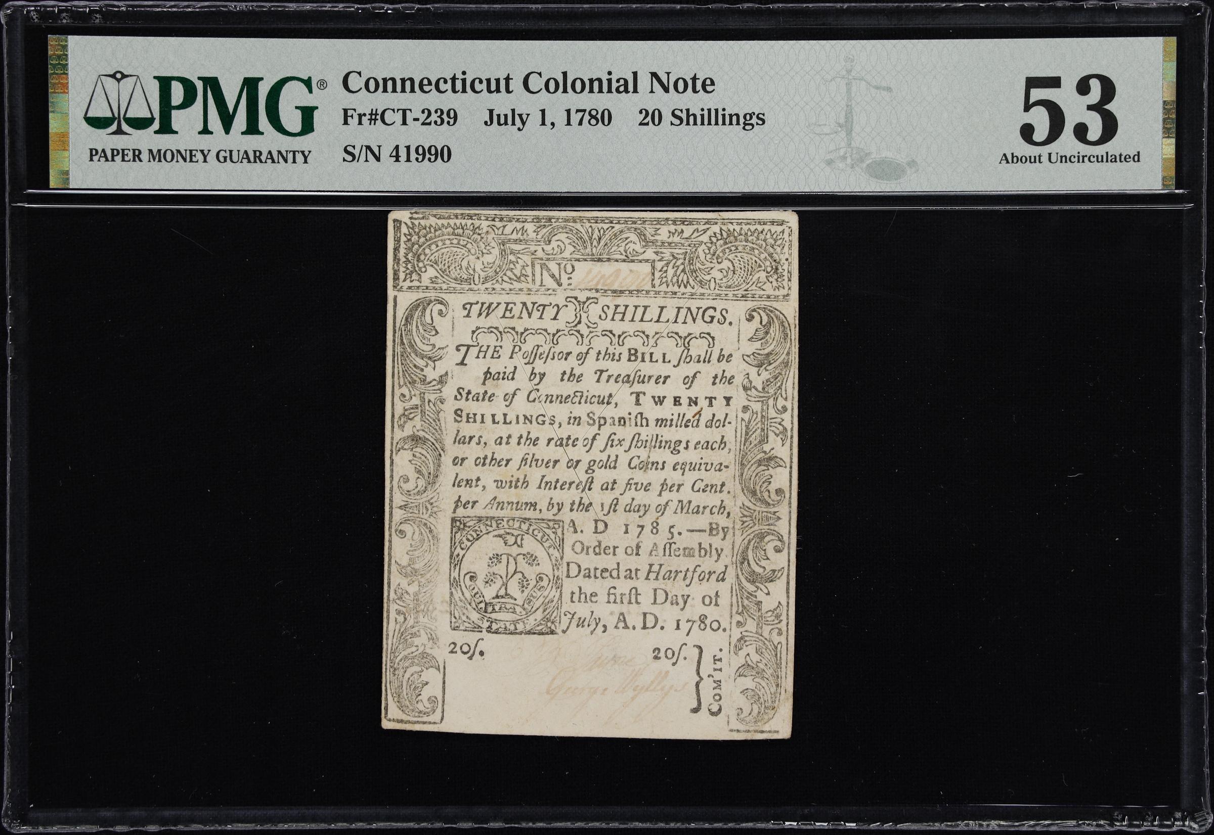 image for: CT-239. Connecticut. July 1, 1780. 20 Shillings. PMG About Uncirculated 53.