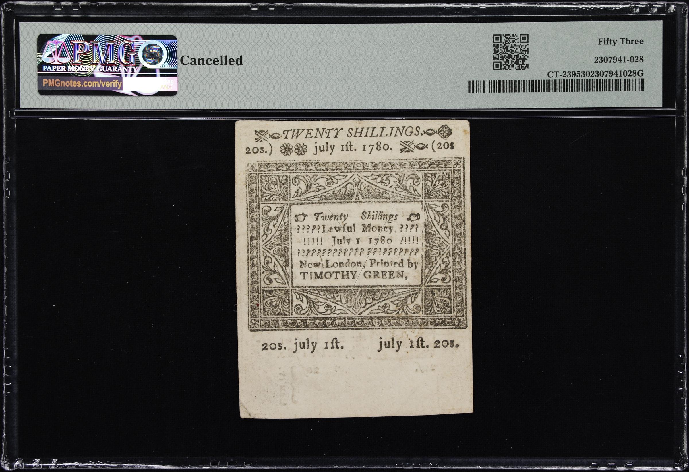 image for: CT-239. Connecticut. July 1, 1780. 20 Shillings. PMG About Uncirculated 53.