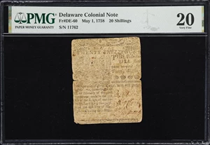 image for: DE-60. Delaware. May 1, 1758. 20 Shillings. PMG Very Fine 20.
