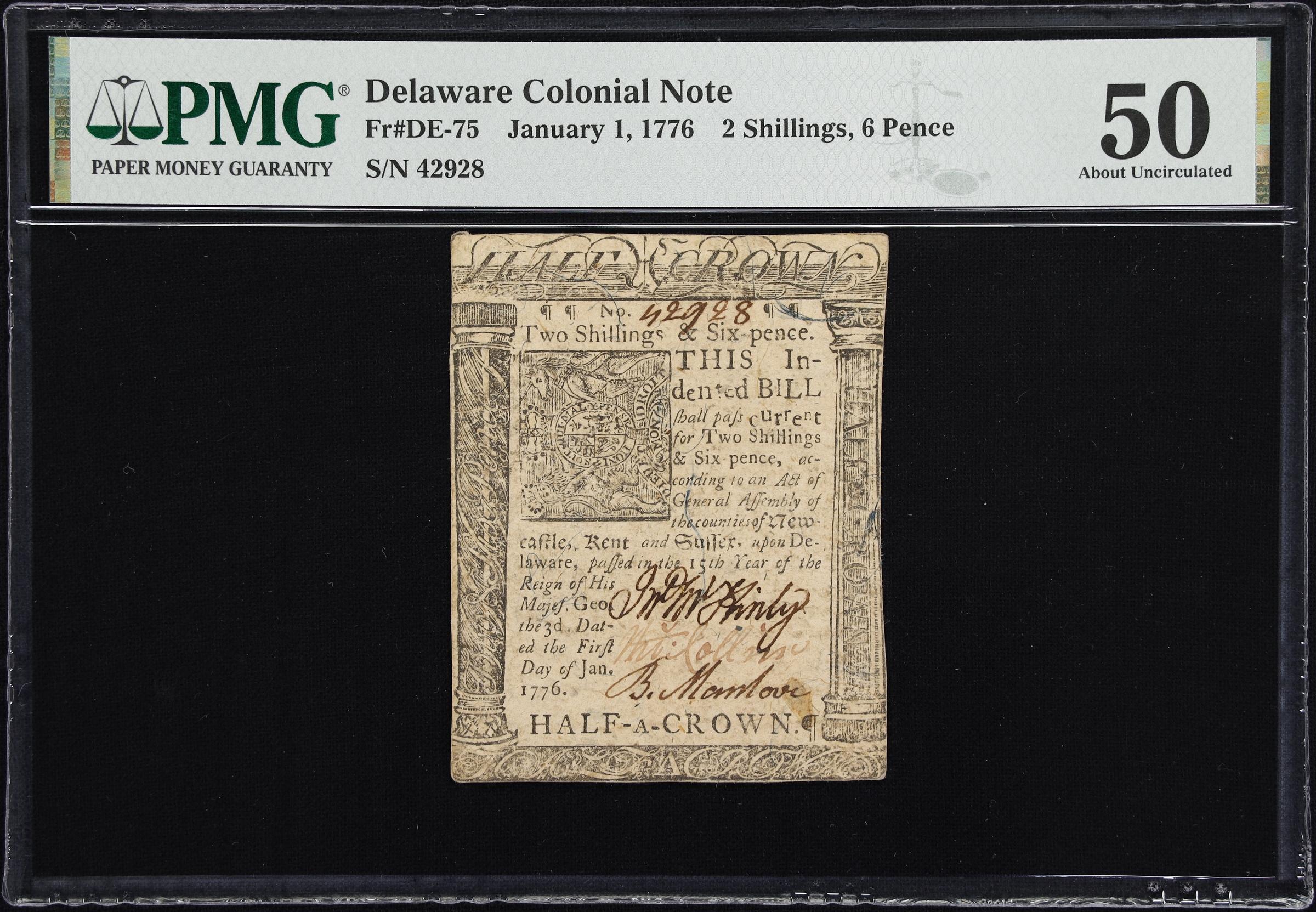 image for: DE-75. Delaware. January 1, 1776. 2 Shillings, 6 Pence. PMG About Uncirculated 50.