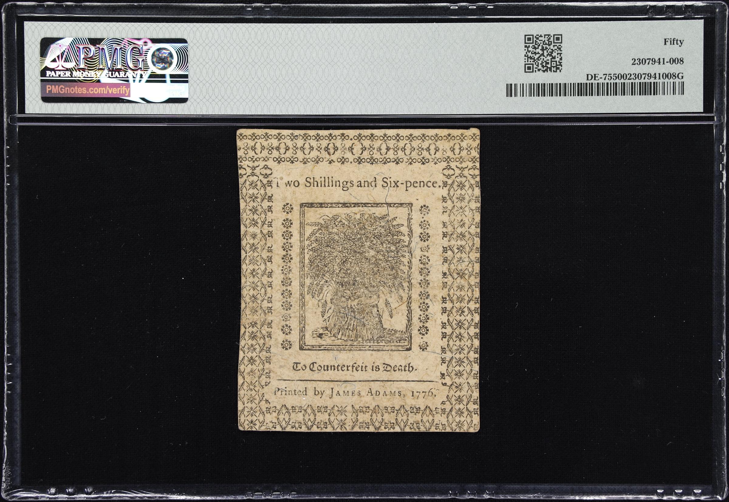 image for: DE-75. Delaware. January 1, 1776. 2 Shillings, 6 Pence. PMG About Uncirculated 50.