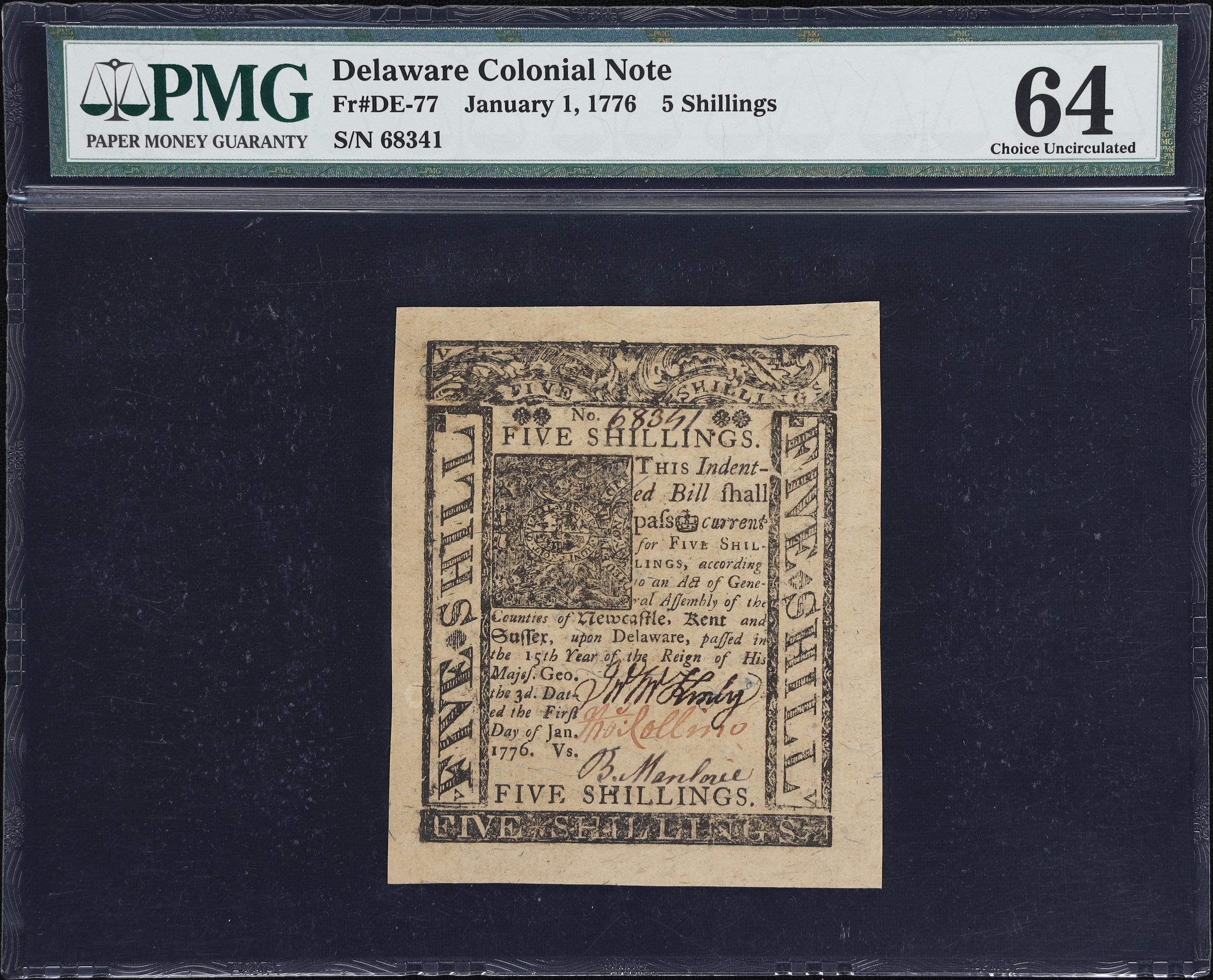 image for: DE-77. Delaware. January 1, 1776. 5 Shillings. PMG Choice Uncirculated 64.
