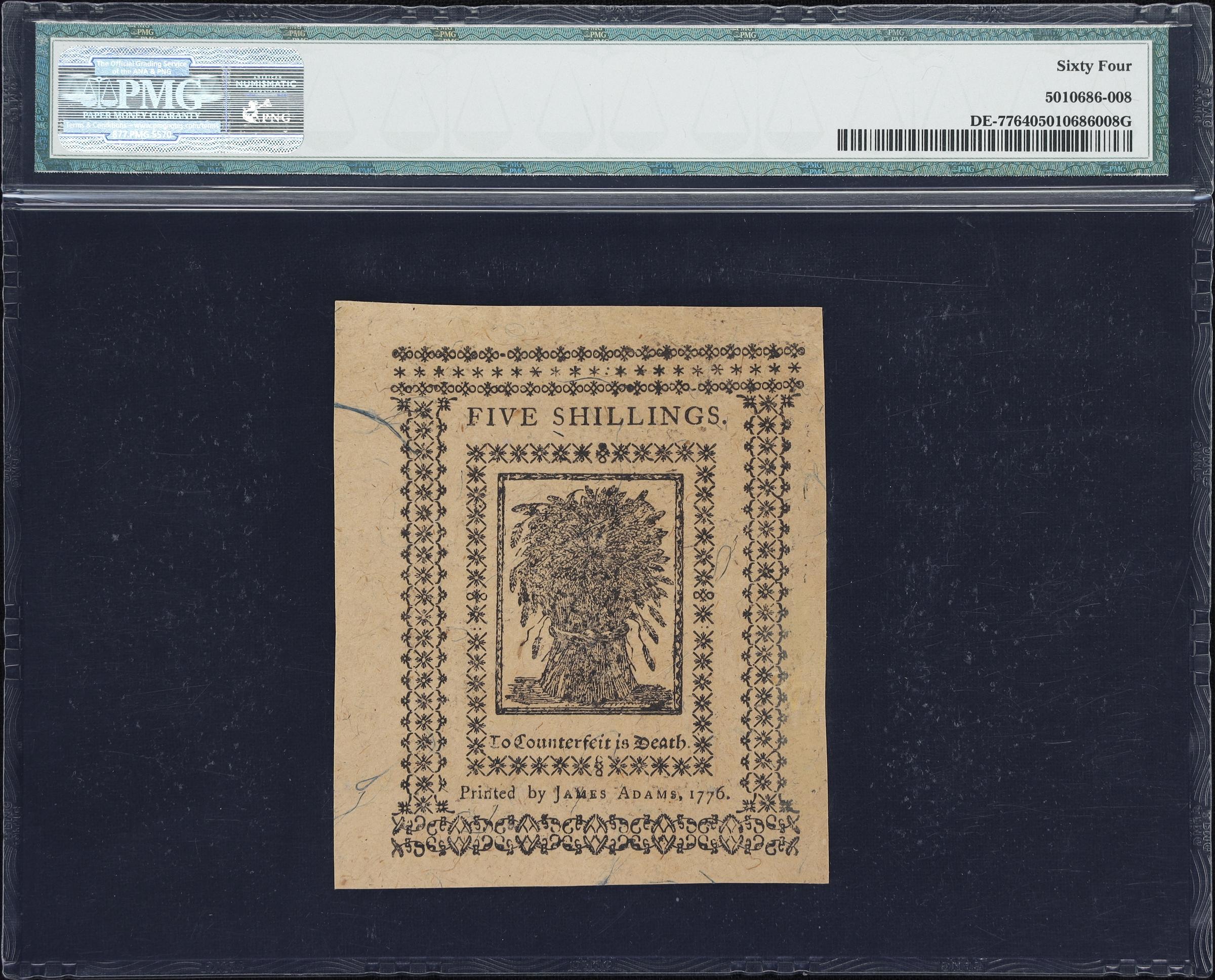 image for: DE-77. Delaware. January 1, 1776. 5 Shillings. PMG Choice Uncirculated 64.