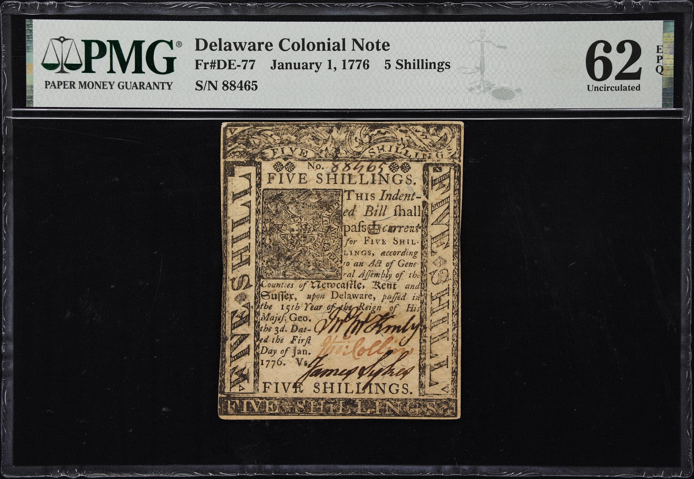 image for: DE-77. Delaware. January 1, 1776. 5 Shillings. PMG Uncirculated 62 EPQ.
