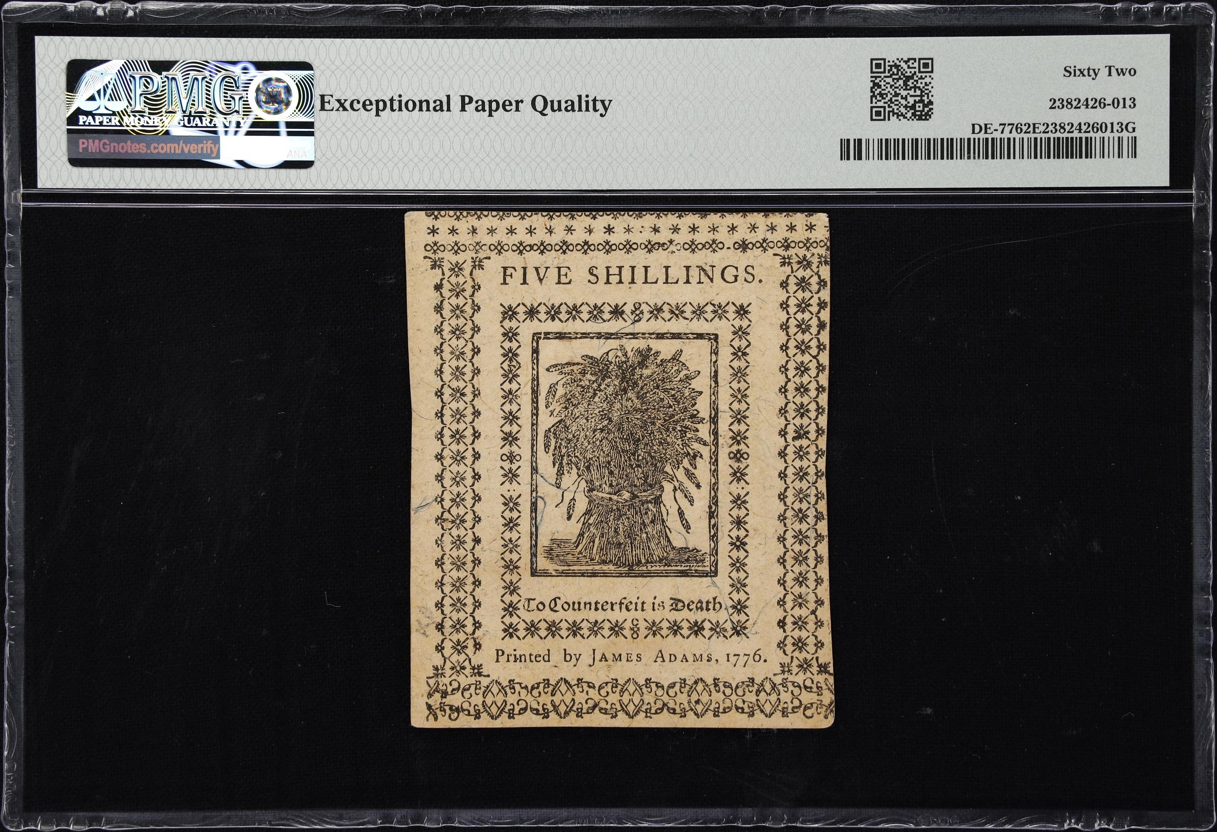 image for: DE-77. Delaware. January 1, 1776. 5 Shillings. PMG Uncirculated 62 EPQ.