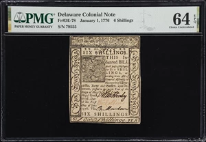 image for: DE-78. Delaware. January 1, 1776. 6 Shillings. PMG Choice Uncirculated 64 EPQ.