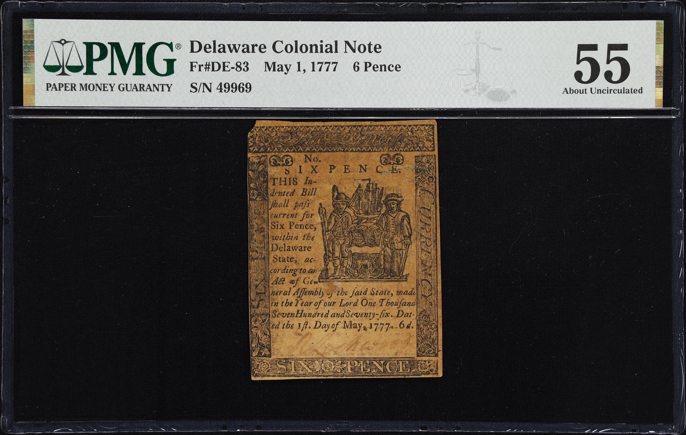 image for: DE-83. Delaware. May 1, 1777. 6 Pence. PMG About Uncirculated 55.