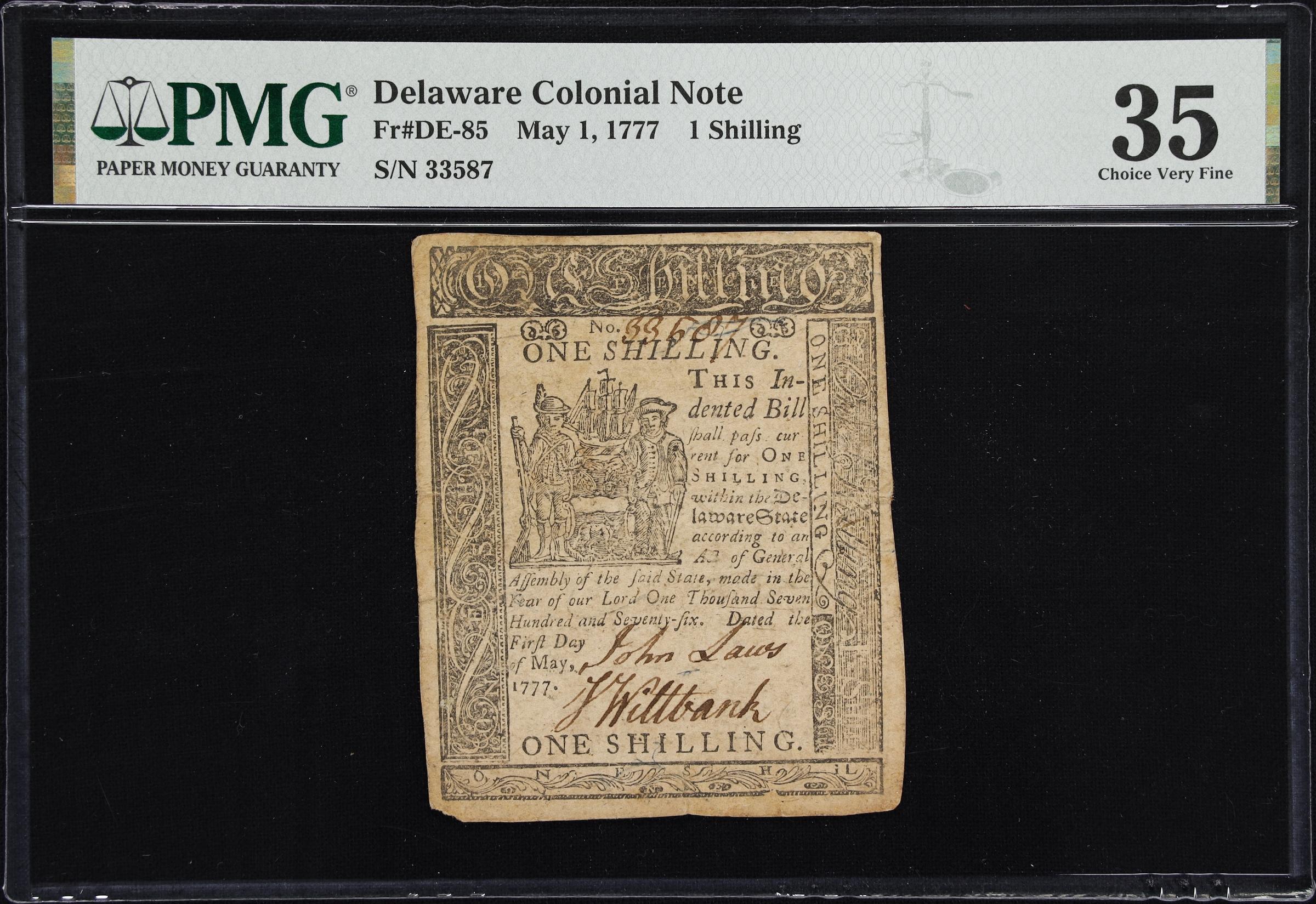 image for: DE-85. Delaware. May 1, 1777. 1 Shilling. PMG Choice Very Fine 35.