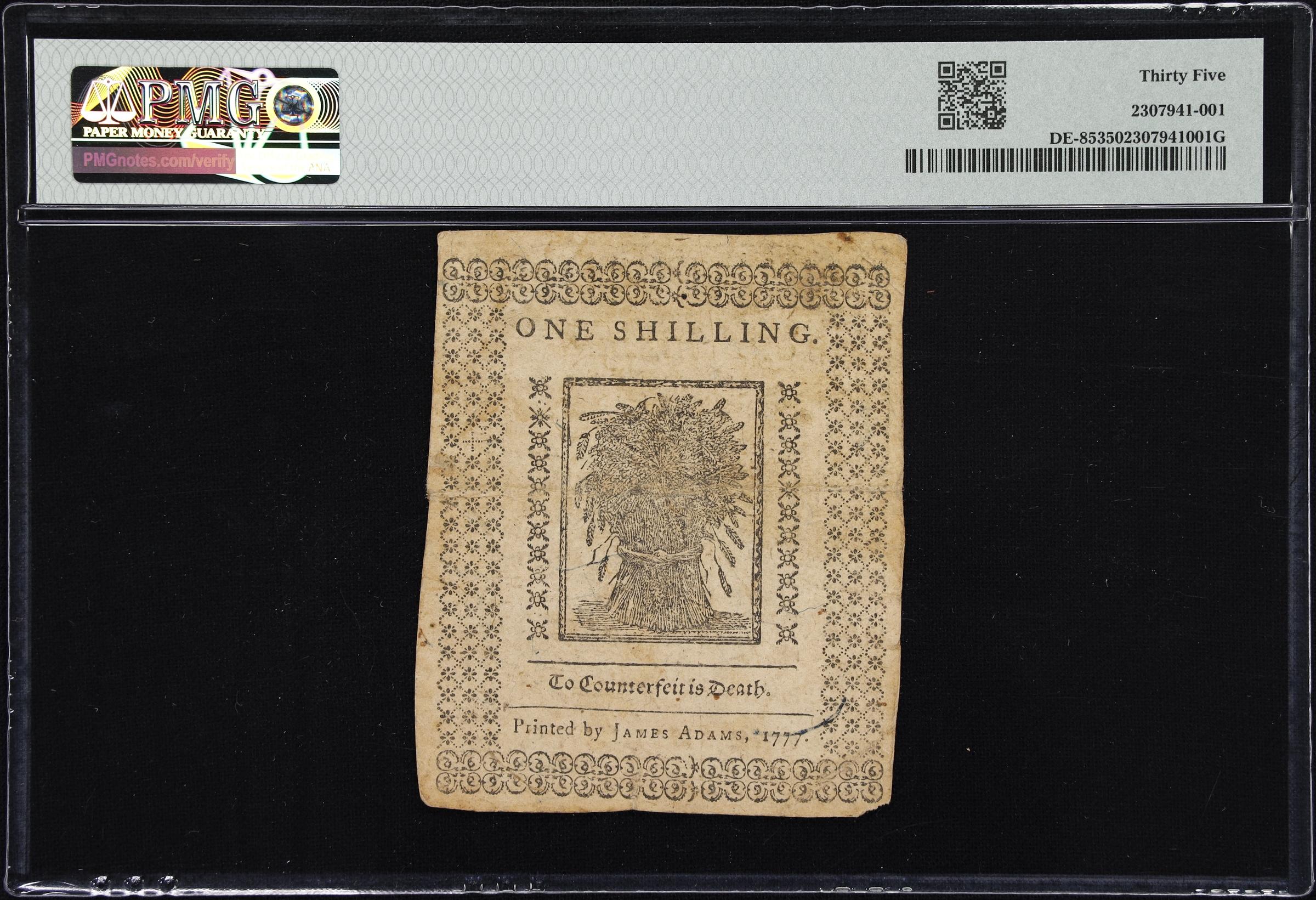 image for: DE-85. Delaware. May 1, 1777. 1 Shilling. PMG Choice Very Fine 35.