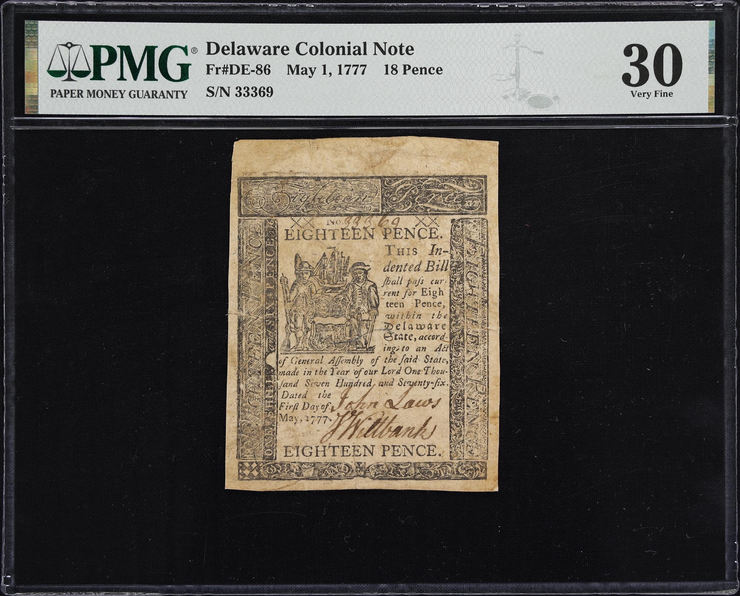 image for: DE-86. Delaware. May 1, 1777. 18 Pence. PMG Very Fine 30.