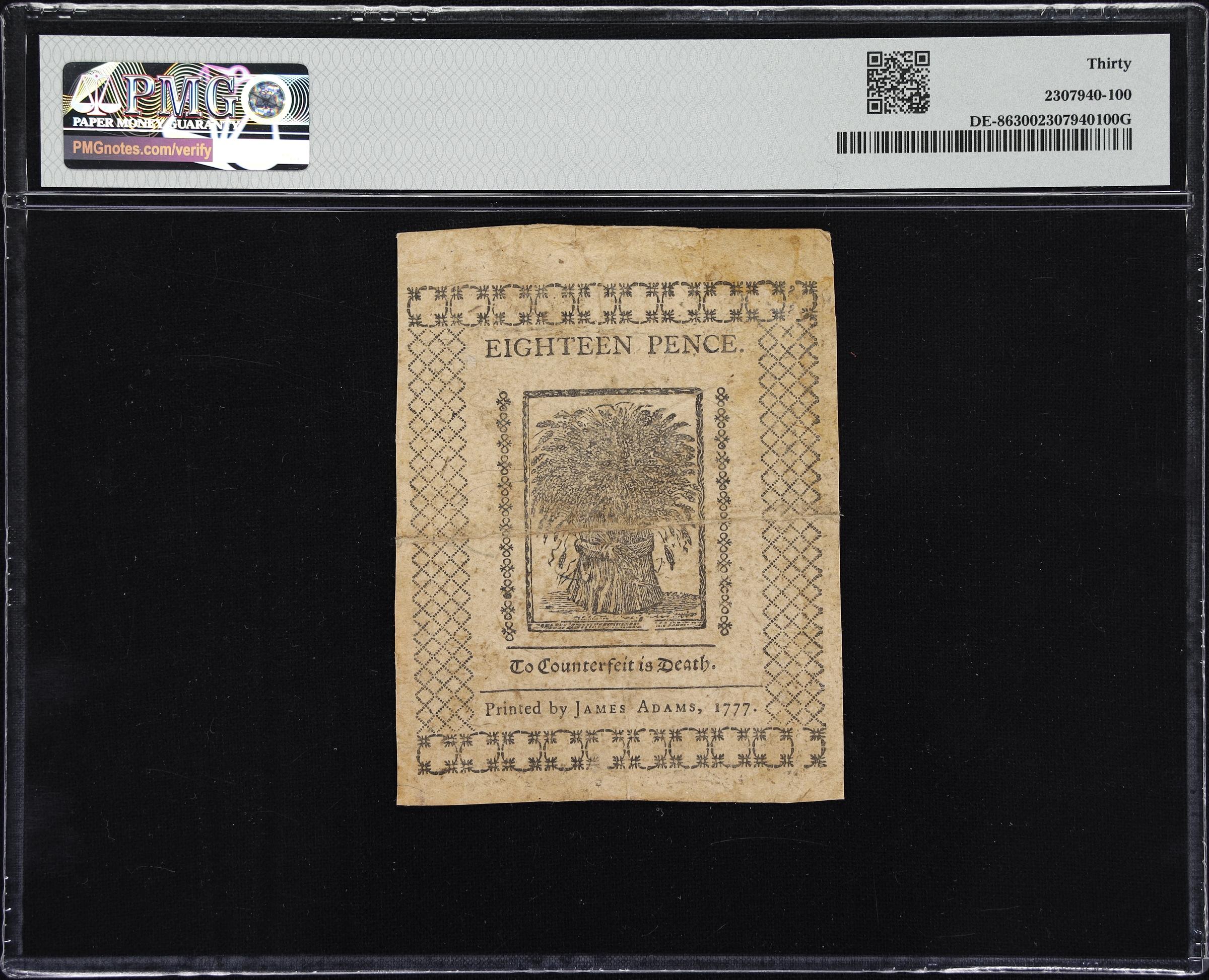 image for: DE-86. Delaware. May 1, 1777. 18 Pence. PMG Very Fine 30.