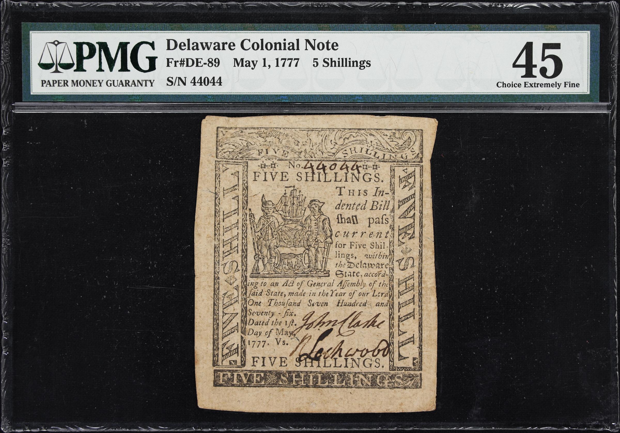 image for: DE-89. Delaware. May 1, 1777. 5 Shillings. PMG Choice Extremely Fine 45.