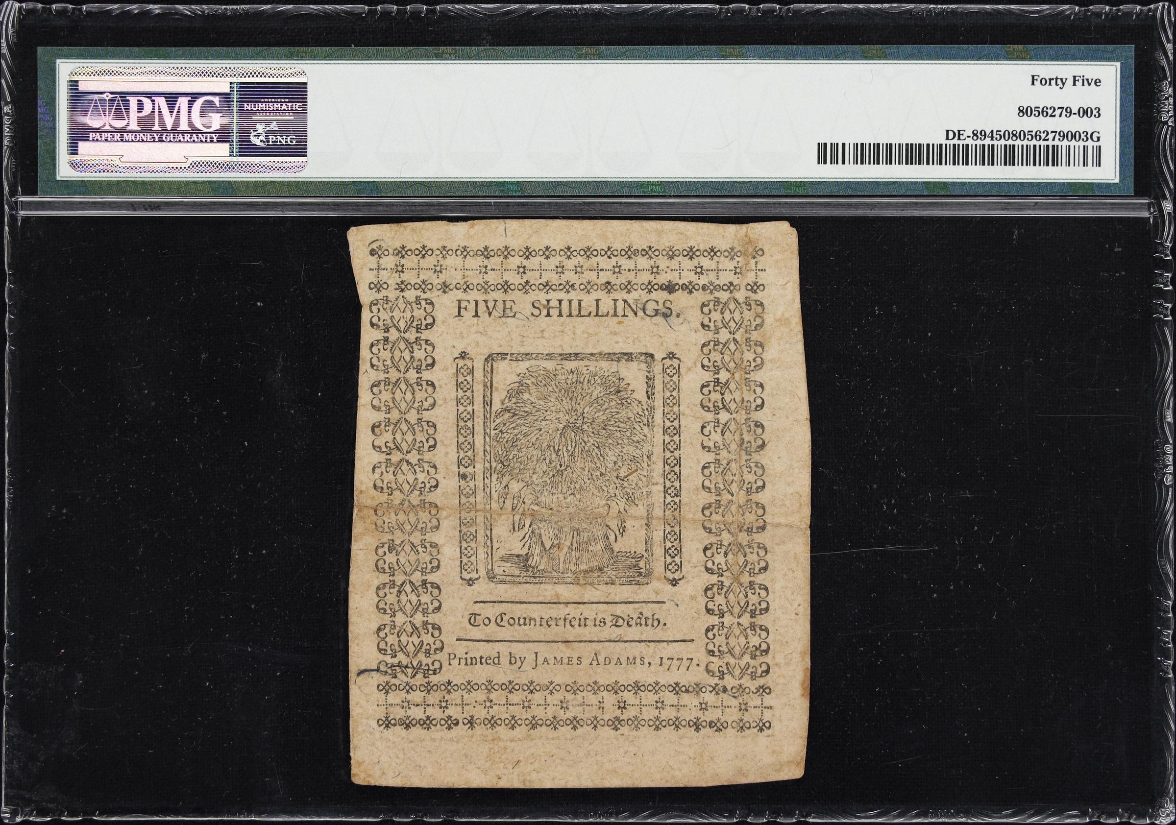 image for: DE-89. Delaware. May 1, 1777. 5 Shillings. PMG Choice Extremely Fine 45.